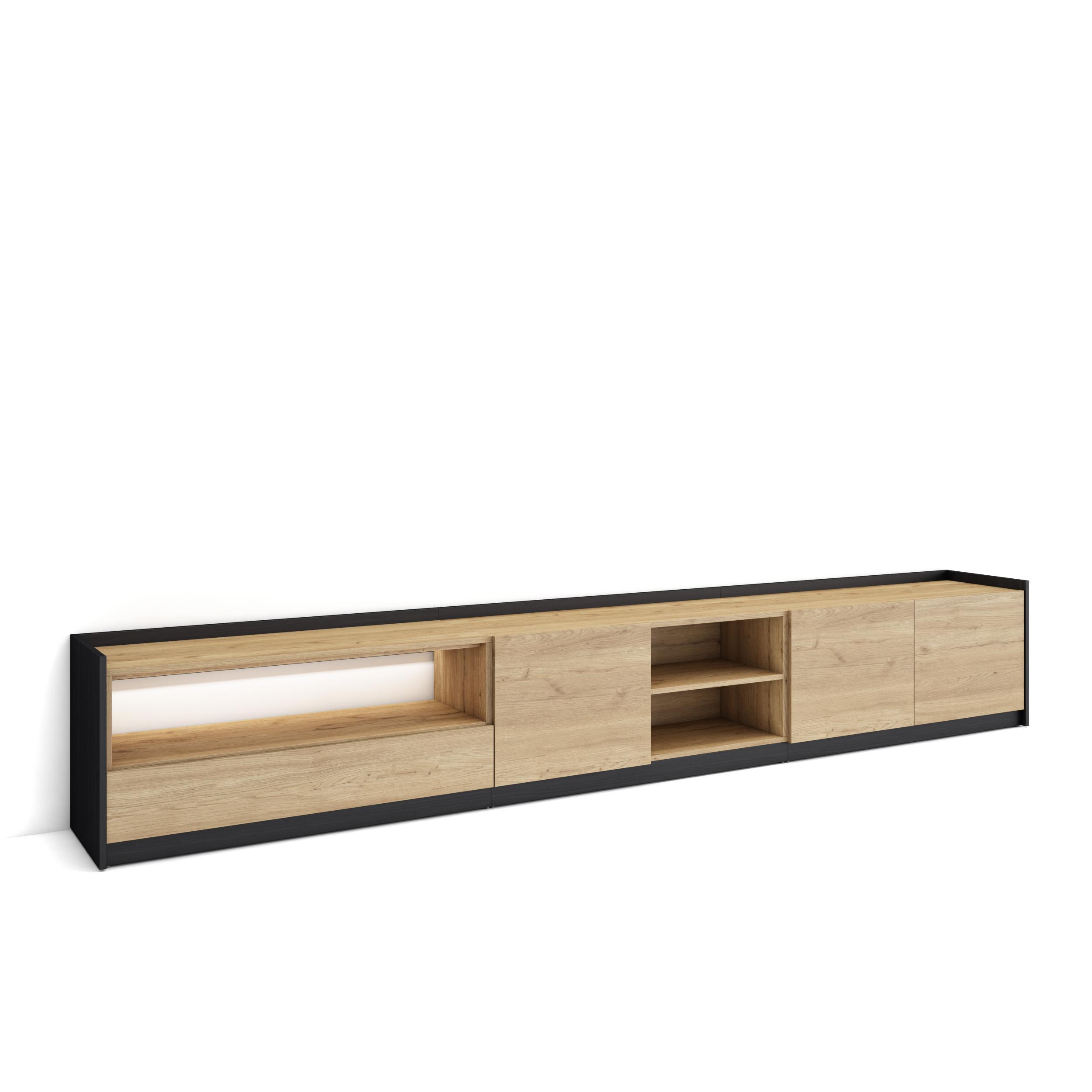 LOWBOARD, Eiche und Schwarz, 310/37/50cm, mit Led - Eichefarben, Holzwerkstoff (310/50/37cm) - Skraut Home