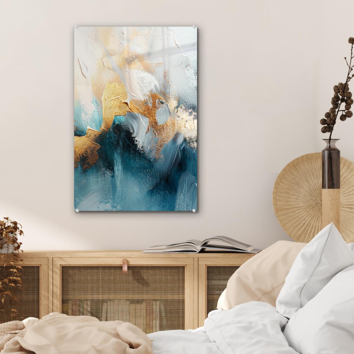 ACRYLGLASBILD Abstrakt - Kunst - Gold - Blau Wanddeko Wohnzimmer 40x60 cm - Petrol, Glas (40/60cm) - MuchoWow