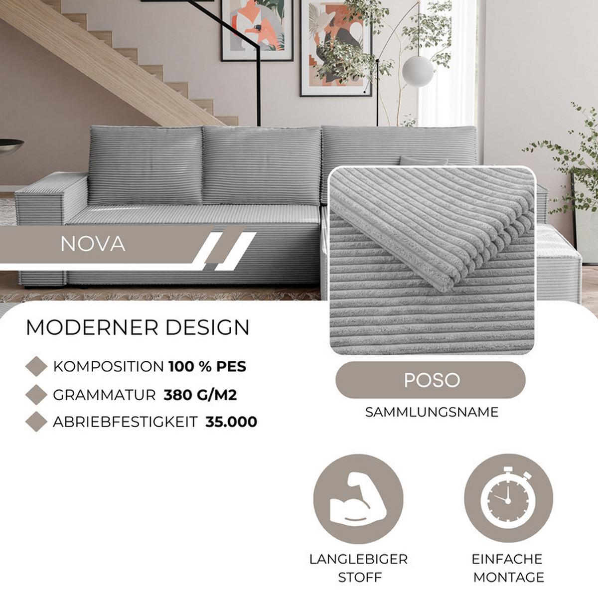 ECKSOFA NOVA Links mit Schlaffunktion und Bettkasten Hellgrau - Hellgrau, Kunststoff/Textil (294/185cm) - Idohome
