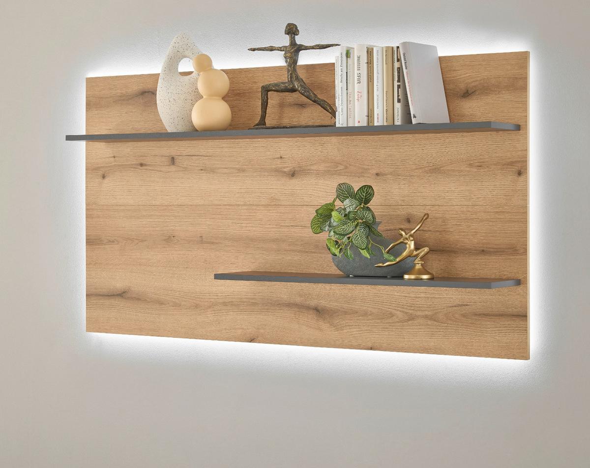 WANDPANEEL Evoke Eiche, grau 155 cm, Wandregal inklusive Beleuchtung - Eichefarben/Grau, Holzwerkstoff/Metall (155/80/20cm) - Furn.Design