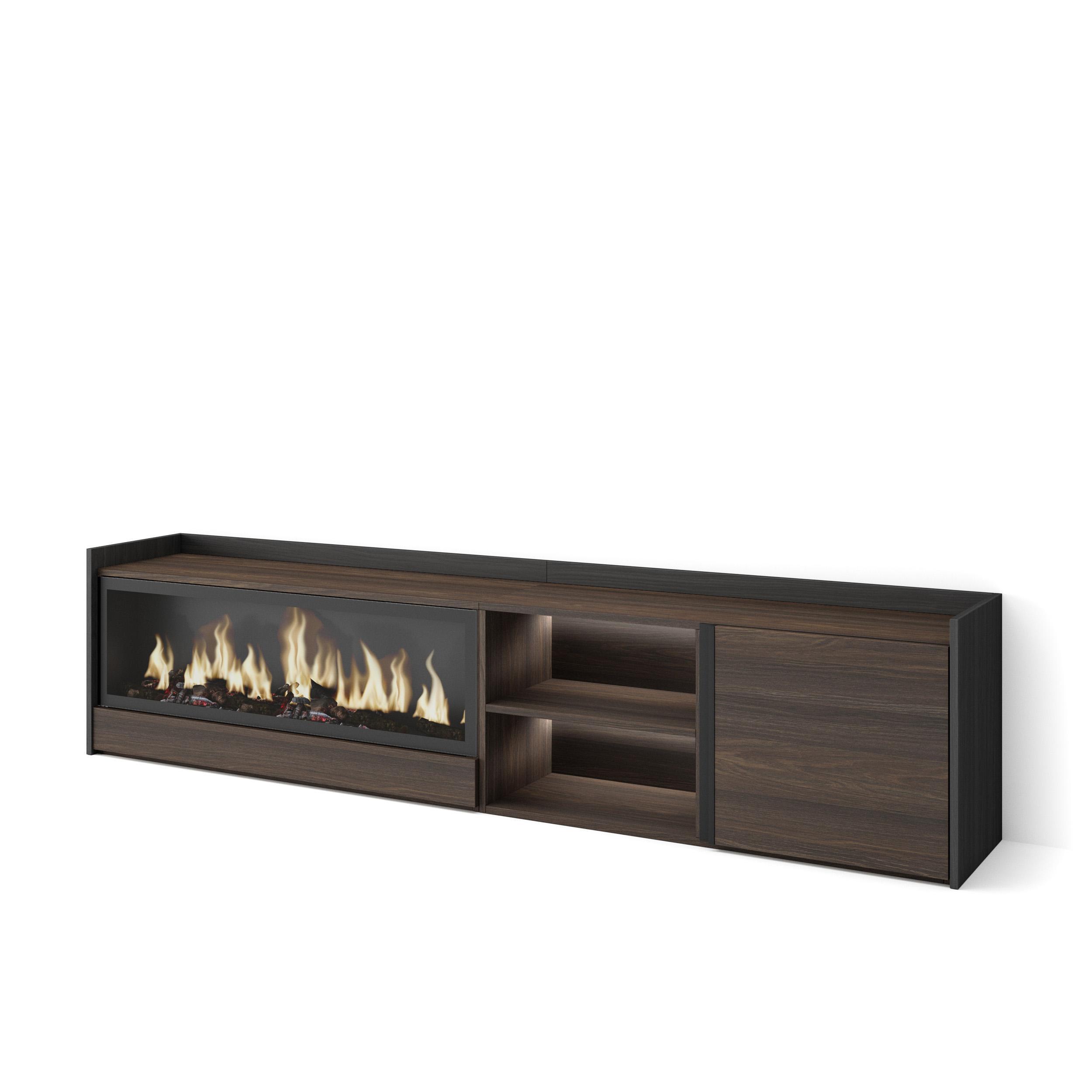 LOWBOARD, Eiche und Schwarz, 212/35/50cm, Kamin mit Feuereffekt XXL - Dunkelbraun, Holzwerkstoff (212/50/35cm) - Skraut Home