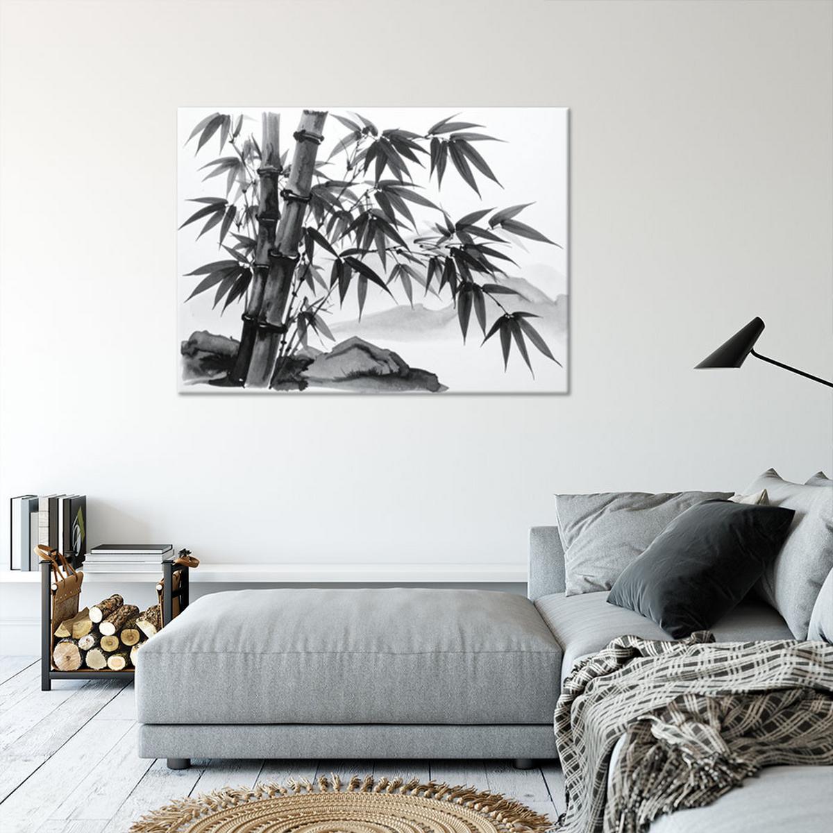 LEINWANDBILD Bambusblätter Landschaft schwarz-weiß 60x40cm - Schwarz, Textil (60/40cm) - Feeby