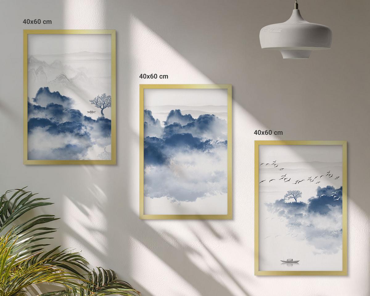BILDER SET 3er Set - 40x60 cm Goldrahmen - Berge, Wolken, Bäume, Vögel - Goldfarben, Kunststoff (40/60cm) - TULUP
