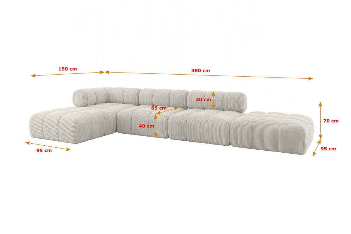 ECKSOFA modulares Sofa Kerru-L2 - 380x190x70 cm Creme Cord - Hellgrau/Creme, Holzwerkstoff/Textil (380/190cm) - ALTDECOR