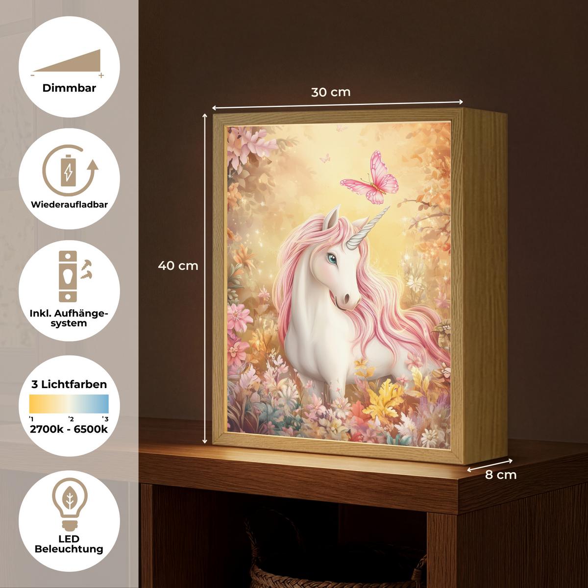 WANDLEUCHTE MIT AKKU Einhorn - Blumen - Schmetterling - Rosa 30x40 cm - Beige, Holzwerkstoff (30/40/8cm) - OnlyWow