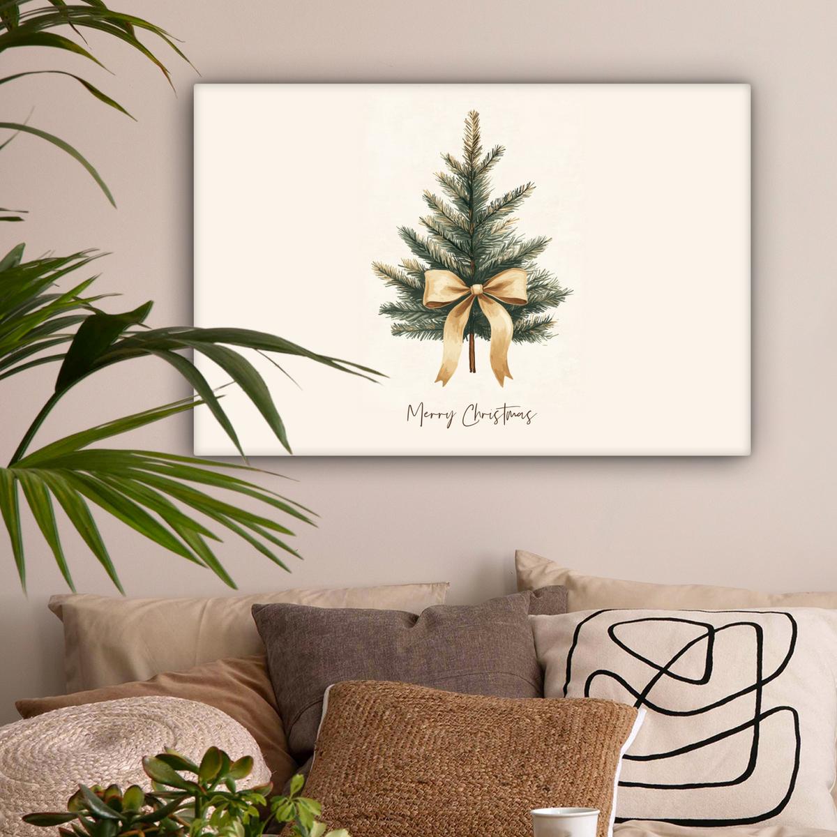 LEINWANDBILD Weihnachtsbaum - Weihnachten - Frohe Weihnachten - Beige Wanddeko 90x60 cm - Sandfarben, Textil (90/60cm) - MuchoWow