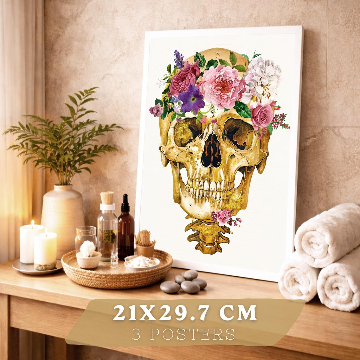 POSTER Set aus 3 Anatomie Mensch Drucke und Wandbilder mit Schädel Gehirn und Herz Goldene Florale Künstlerische Illustration Größe Weißer Rahmen A4 - Weiß, Papier (21/29.7/3cm) - Nacnic