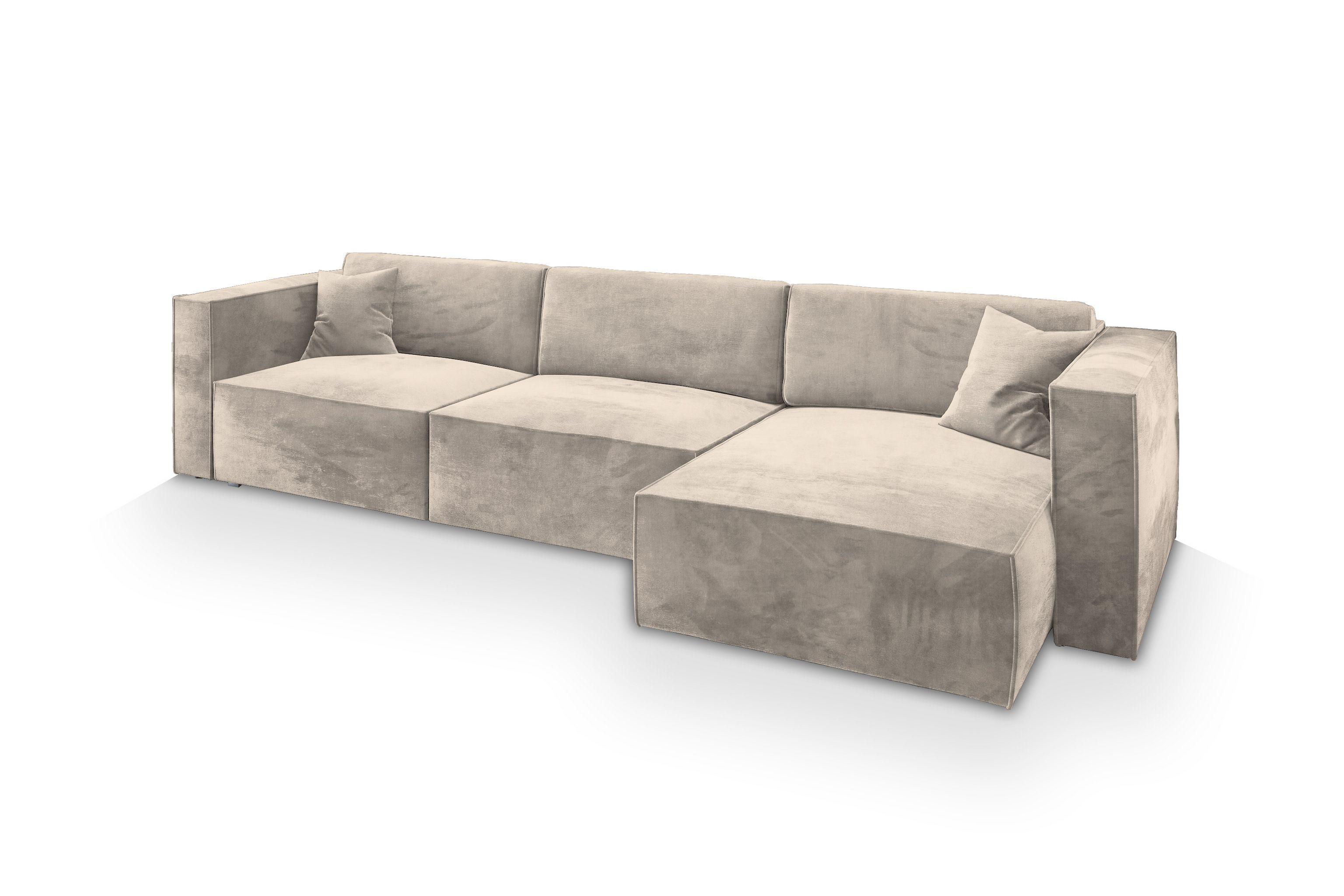 ECKSOFA TOLMO M Creme Velours-Stoff mit Schlaffunktion - Creme/Grau, Holz/Kunststoff (347/148cm) - MASSENO