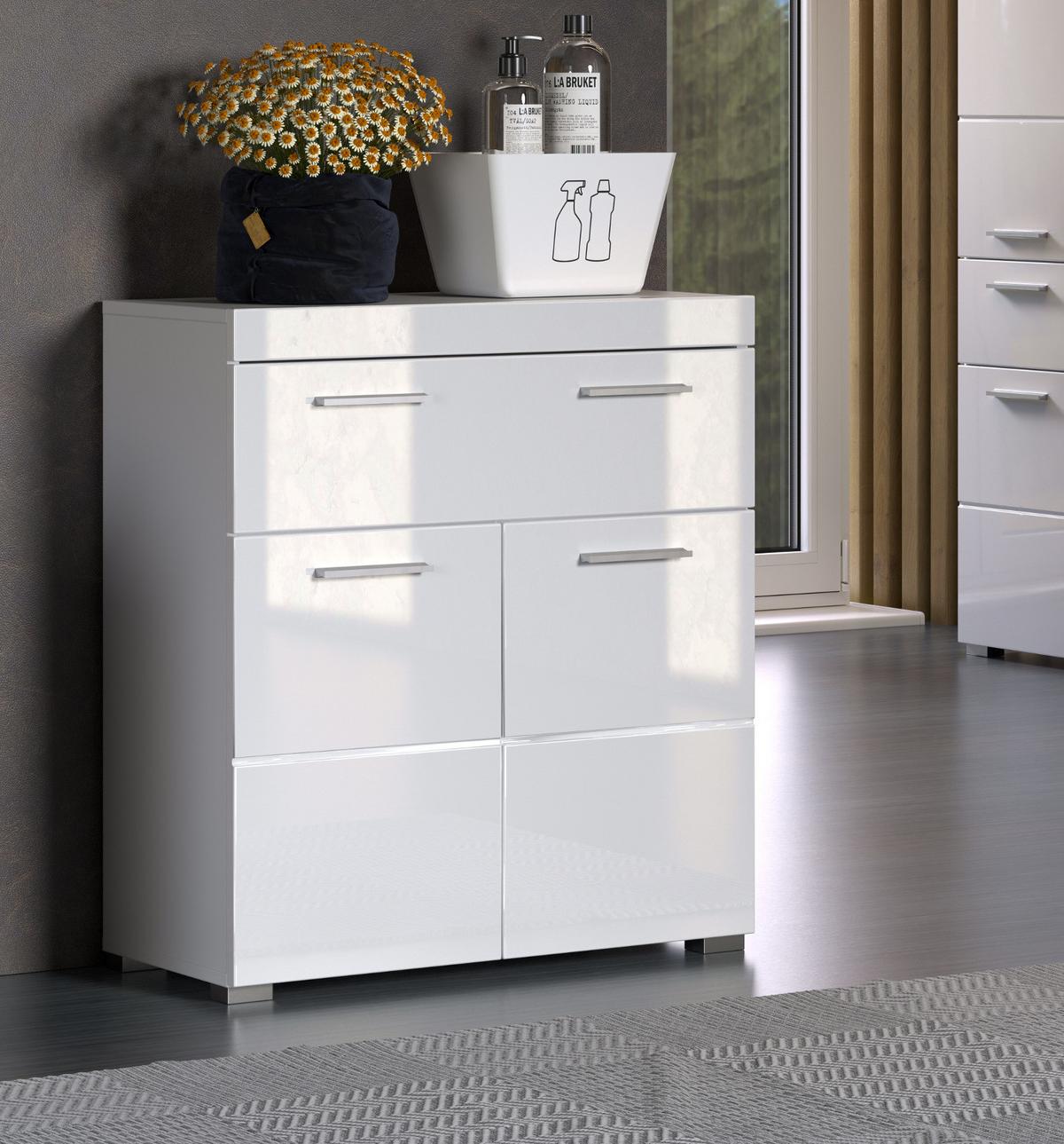BADKOMMODE weiß Hochglanz 73 x 79 cm, Badezimmer Kommode 2-türig - Weiß, Holzwerkstoff/Kunststoff (31/79/73cm) - Top.Furn