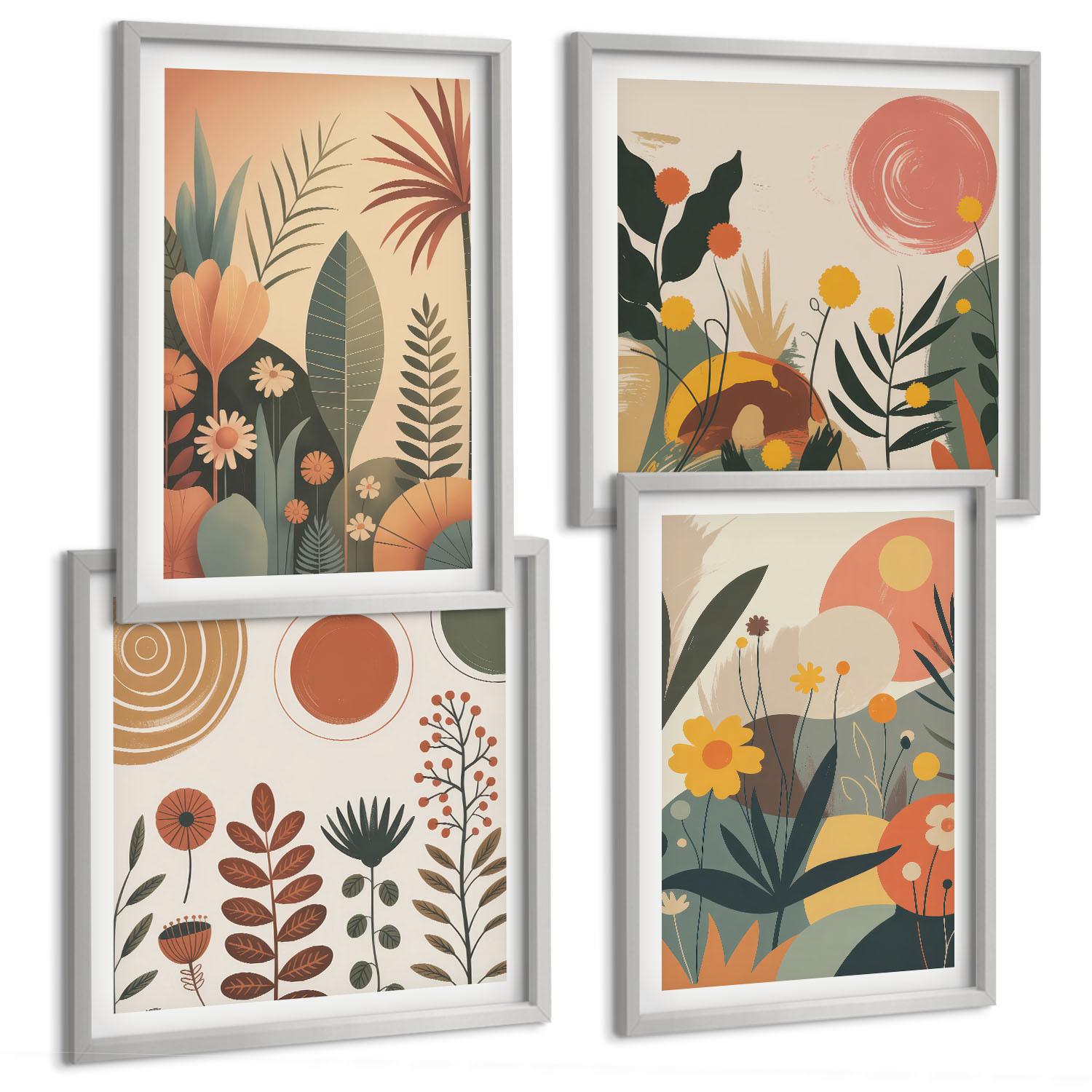 BILDER SET 4er Set - 50x50 cm & 40x60 cm Silberner Rahmen - Boho-Pflanzenmuster - Silberfarben, Kunststoff (50/50cm) - TULUP