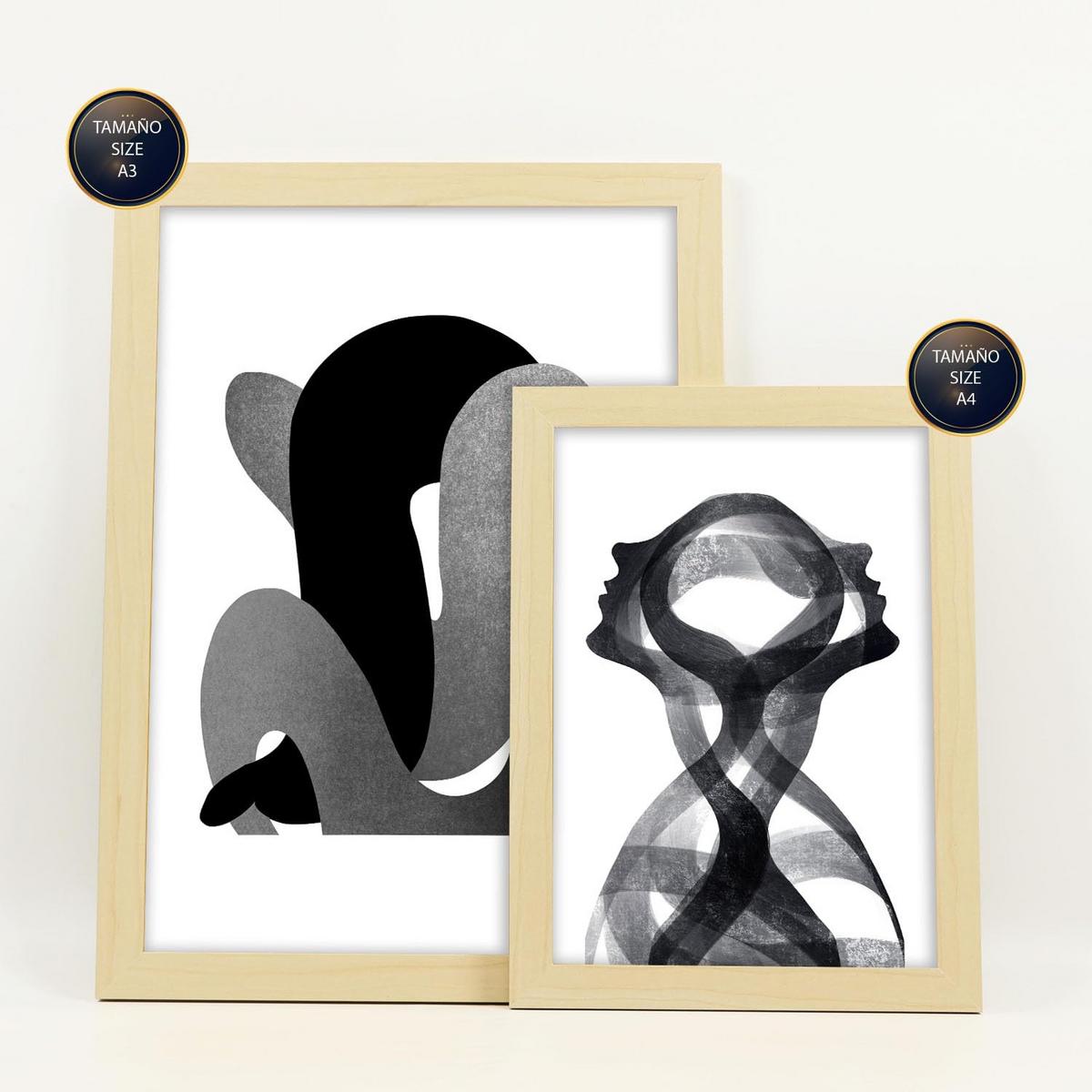 POSTER Set Mit 6 Gebogener Körper In Liebhaber Abstrakt Ästhetische Dekorative Gemälde Für Ihr Wohnzimmer Zuhause A3 & A4 Rahmen Aus Hellem Holz - Beige, Papier (29/3cm) - Nacnic