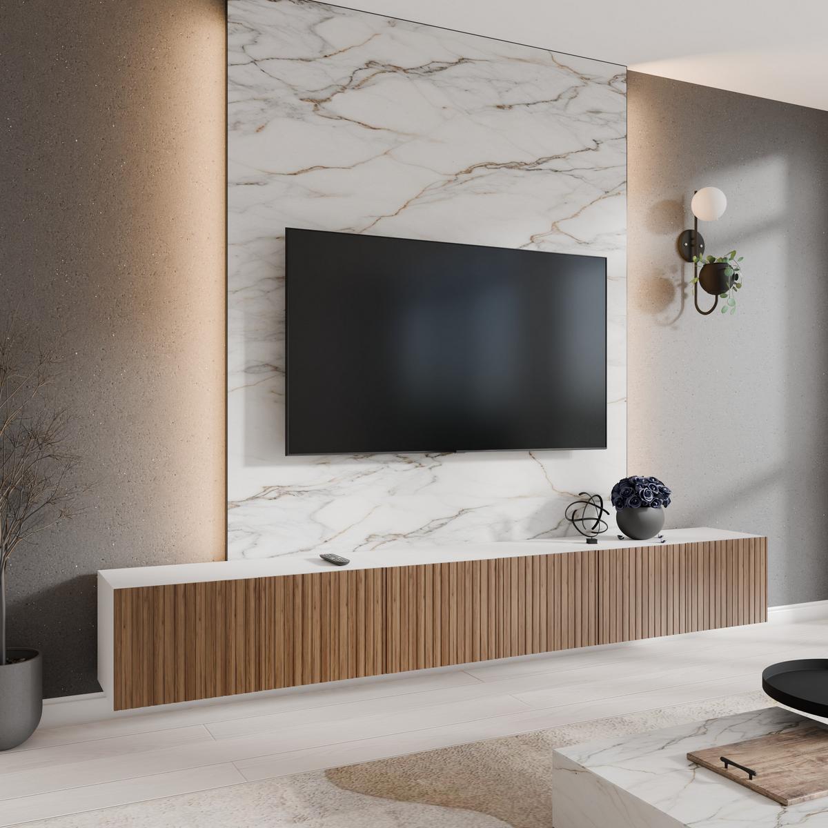 LOWBOARD LIVO 300/41/40 cm, Hängender TV-Schrank Weiß / Eichefarben - Eichefarben/Braun, Holzwerkstoff (300/41/40cm) - MASSENO