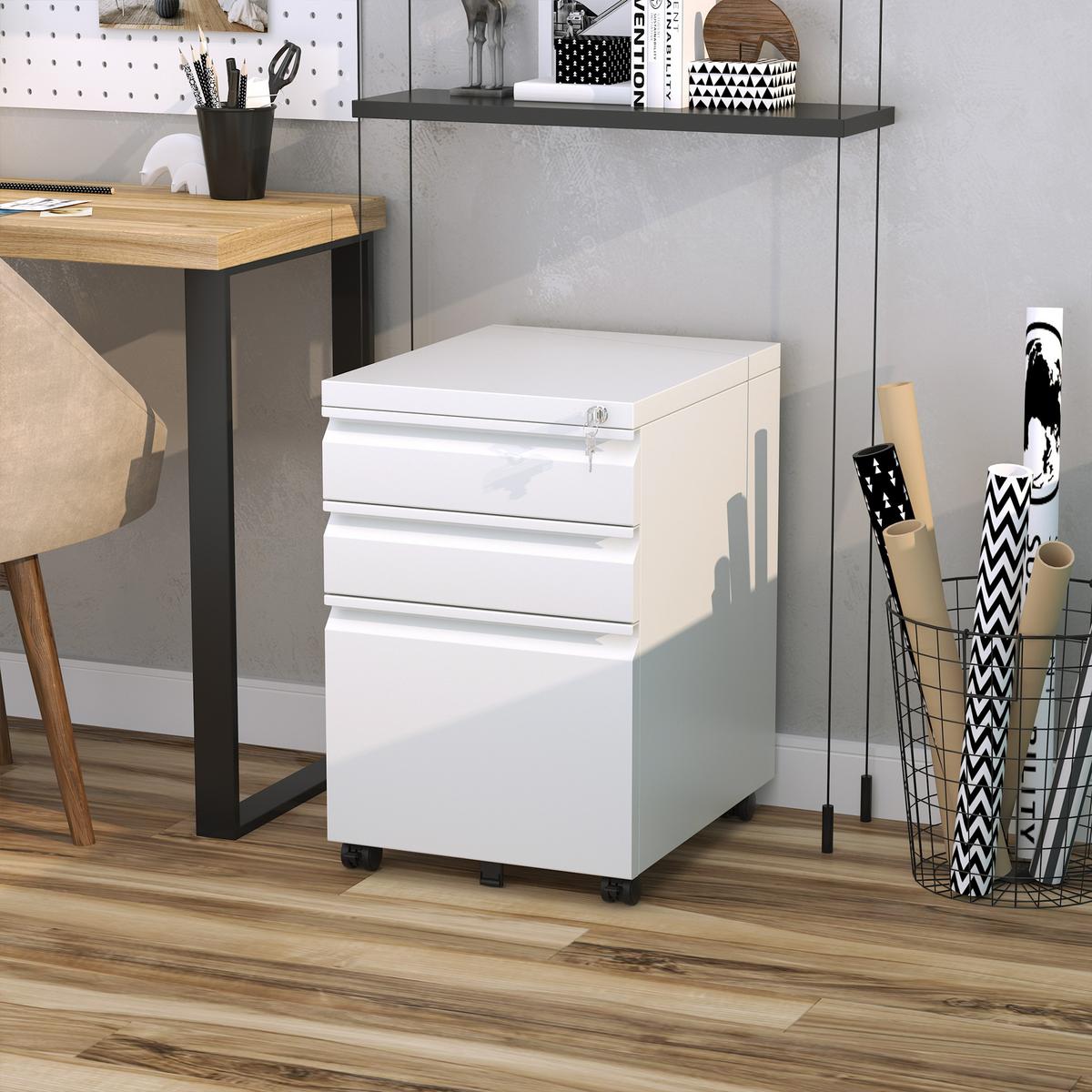 AKTENSCHRANK mit Rädern, konkavem Griff, für Home-Office, Stahl, Weiß - Weiß, Metall (48/60/39cm) - Vinsetto
