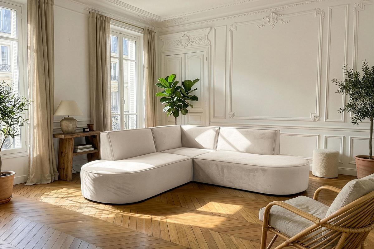 ECKSOFA Nora L-Form 3-Sitzer Universell, Samt, Beige 223/73/223 cm - Ecru/Schwarz, Kunststoff/Textil (223/223cm) - WFL GROUP
