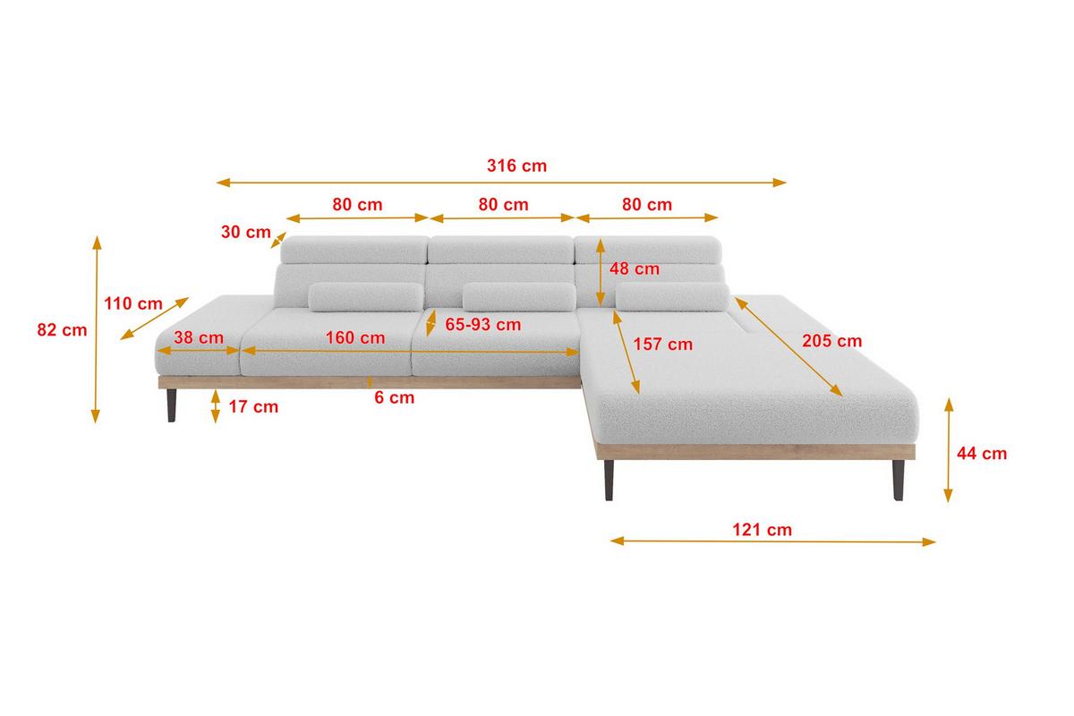 ELEKTRISCHES ECKSOFA Rechts MONA 316x205x85 Hellgrau Bouclé - Blaugrau/Hellgrau, Holzwerkstoff/Textil (316/205cm) - ALTDECOR
