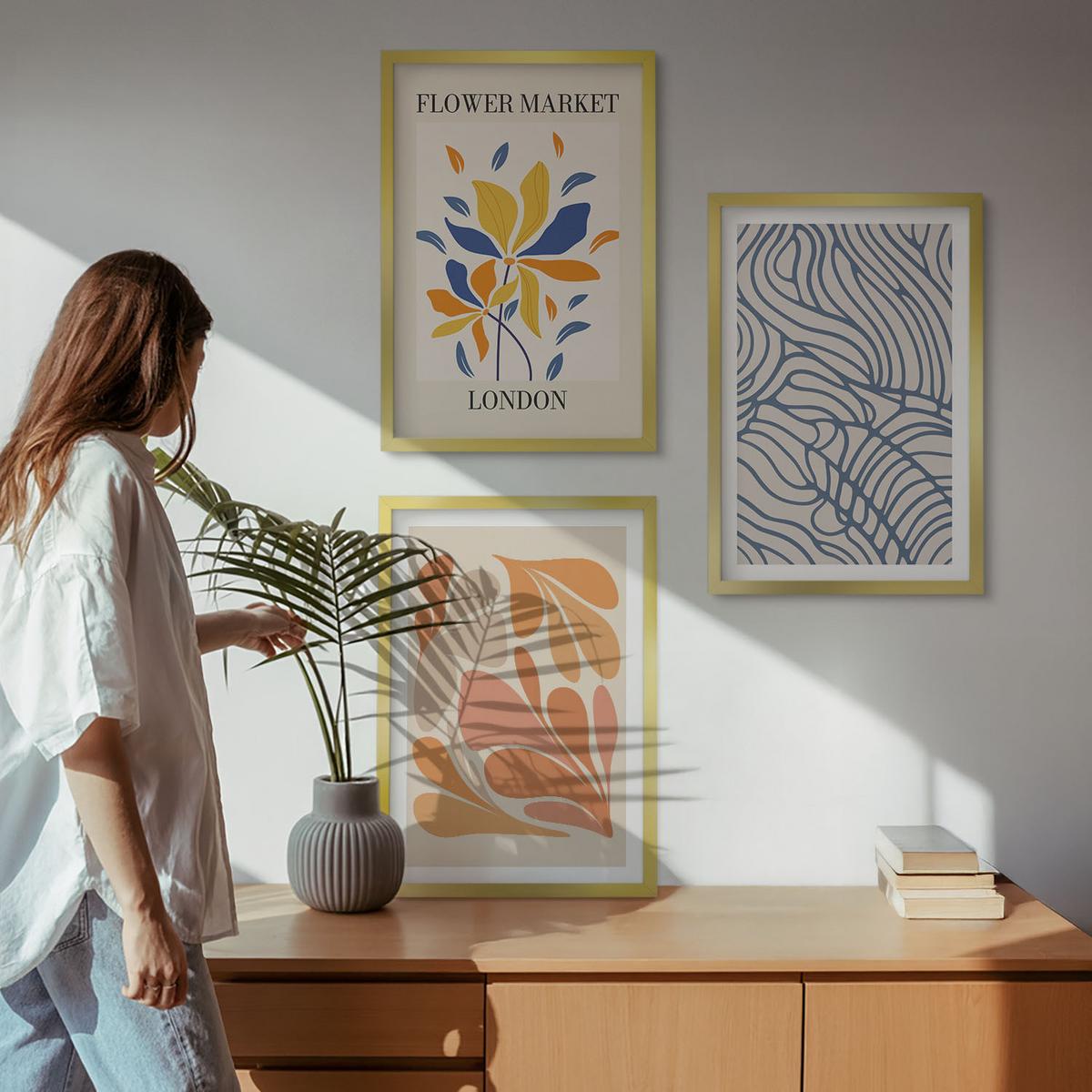 BILDER SET 3er Set - 40x60 cm Goldrahmen - Moderne abstrakte Blumen - Goldfarben, Kunststoff (40/60cm) - TULUP