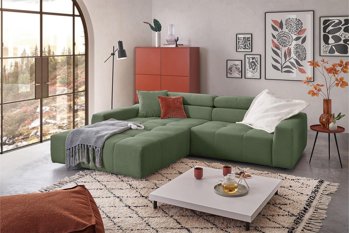 ECKSOFA RENO Grün Cord - Schwarz/Olivgrün, Kunststoff/Textil (258/217cm) - KAWOLA