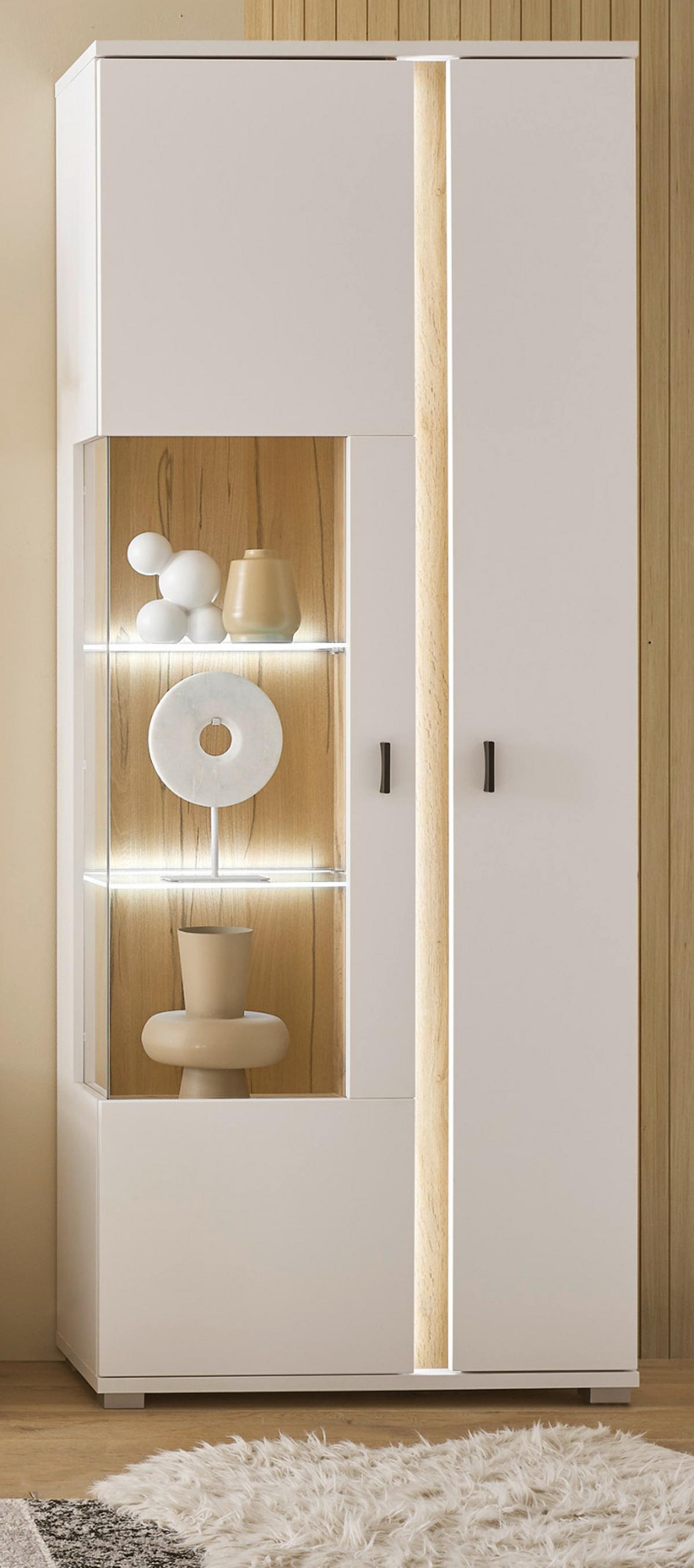 VITRINE weiß matt, Eiche Wotan 80 x 200 cm, Vitrinenschrank inklusive Frontbeleuchtung - Eiche Wotan/Silberfarben, Glas/Holzwerkstoff (80/200/35cm) - Furn.Design