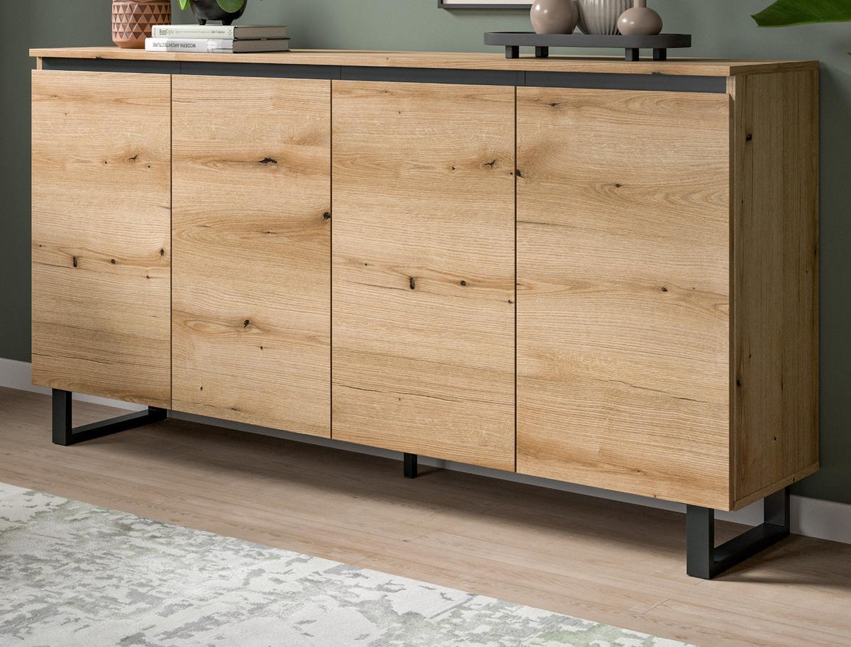 SIDEBOARD Evoke Eiche mit schwarz, Kommode 4-türig 160 x 84 cm mit Soft-Close - Eichefarben/Schwarz, Holz/Holzwerkstoff (160/84/36cm) - Inn.Furn