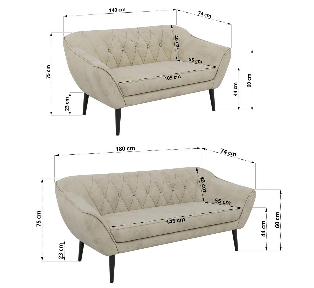 SITZGARNITUR PIRS 3+2 - Beige Velvet - Schwarze Beine - Beige/Schwarz, Holzwerkstoff/Textil (180/75/74cm) - MKS