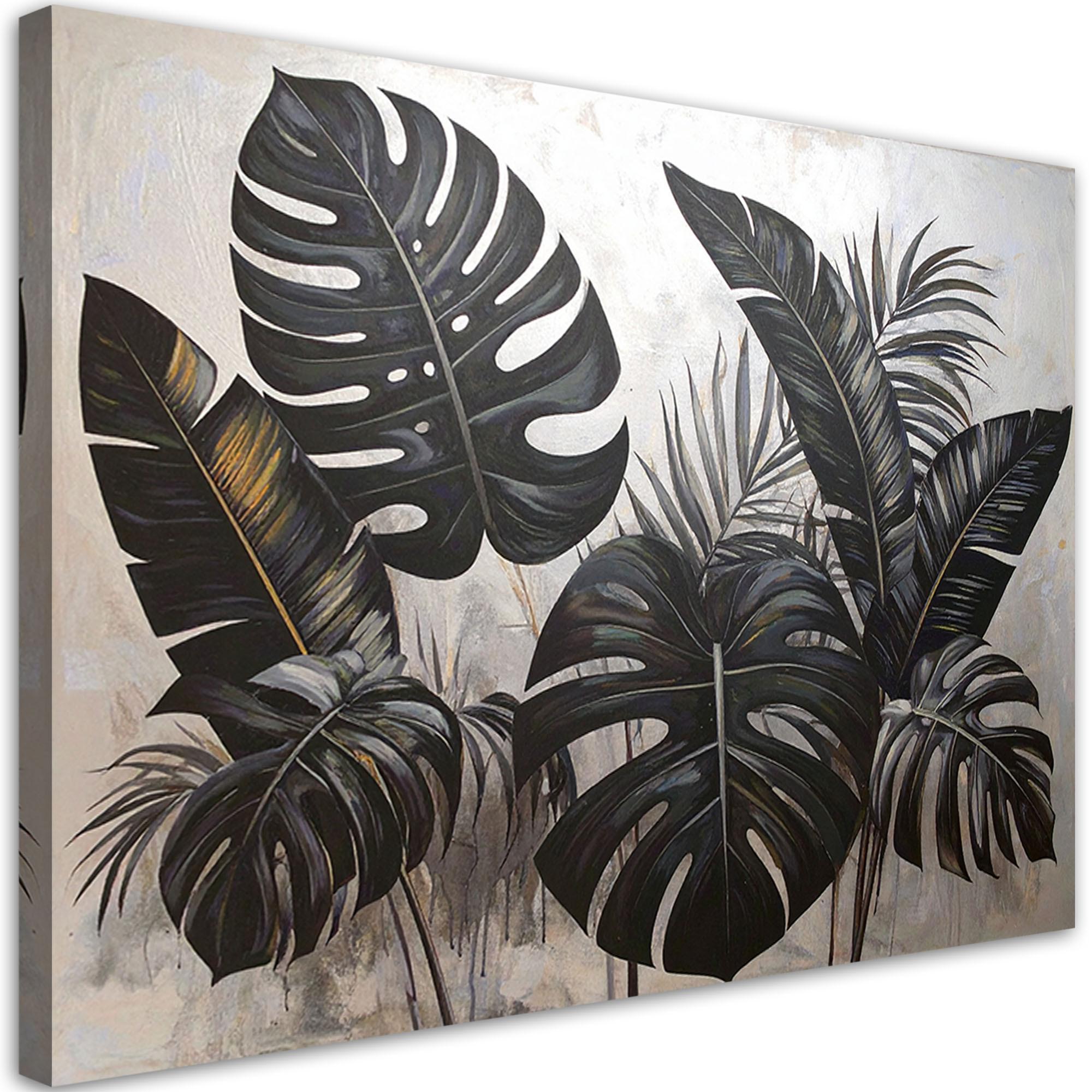 WANDBILD, Schwarze Blätter von Monstera und Bananenbaum auf grauem Hintergrund - Schwarz, Textil (45/30cm) - Feeby