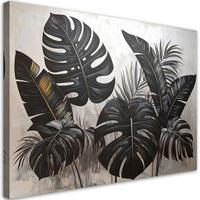 WANDBILD, Schwarze Blätter von Monstera und Bananenbaum auf grauem Hintergrund - Schwarz, Textil (45/30cm) - Feeby