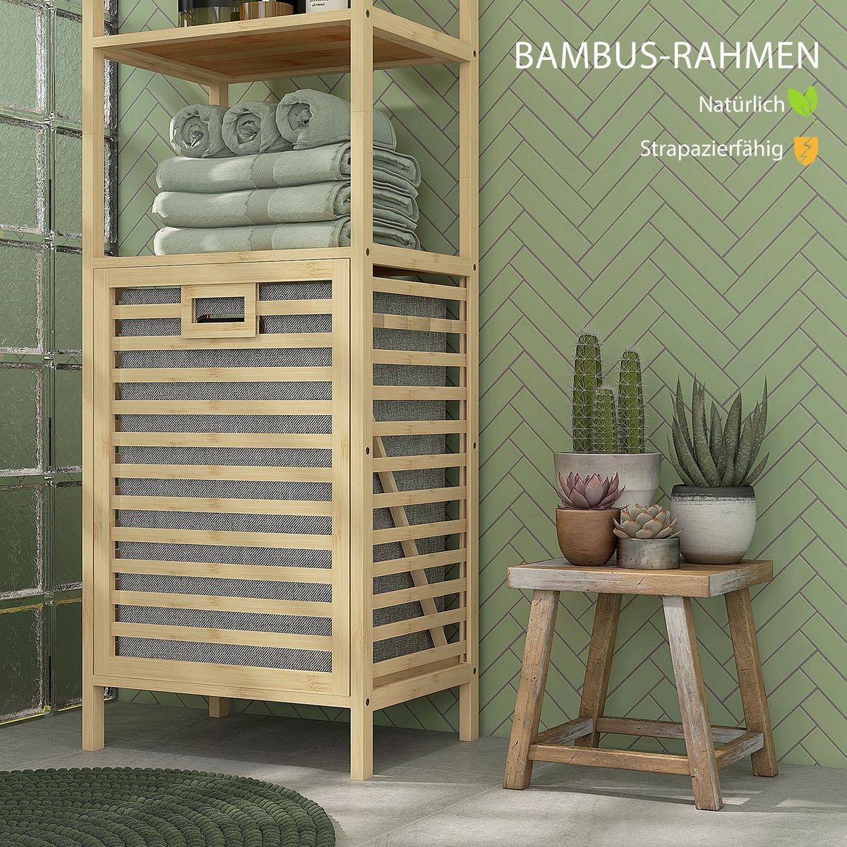 BADREGAL mit Wäschekorb, Badezimmerregal mit 3 Ebenen Kippschutz Bambus - Naturfarben, Holzwerkstoff (33/160/44cm) - HOMCOM