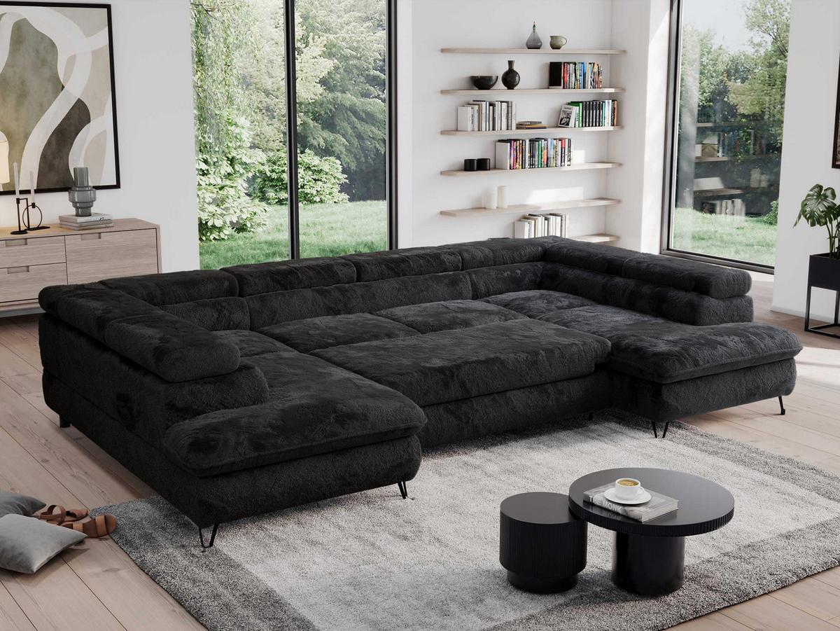 WOHNLANDSCHAFT PETER U Plüsch Schwarz - Schwarz, Textil/Metall (346/76/208cm) - MKS