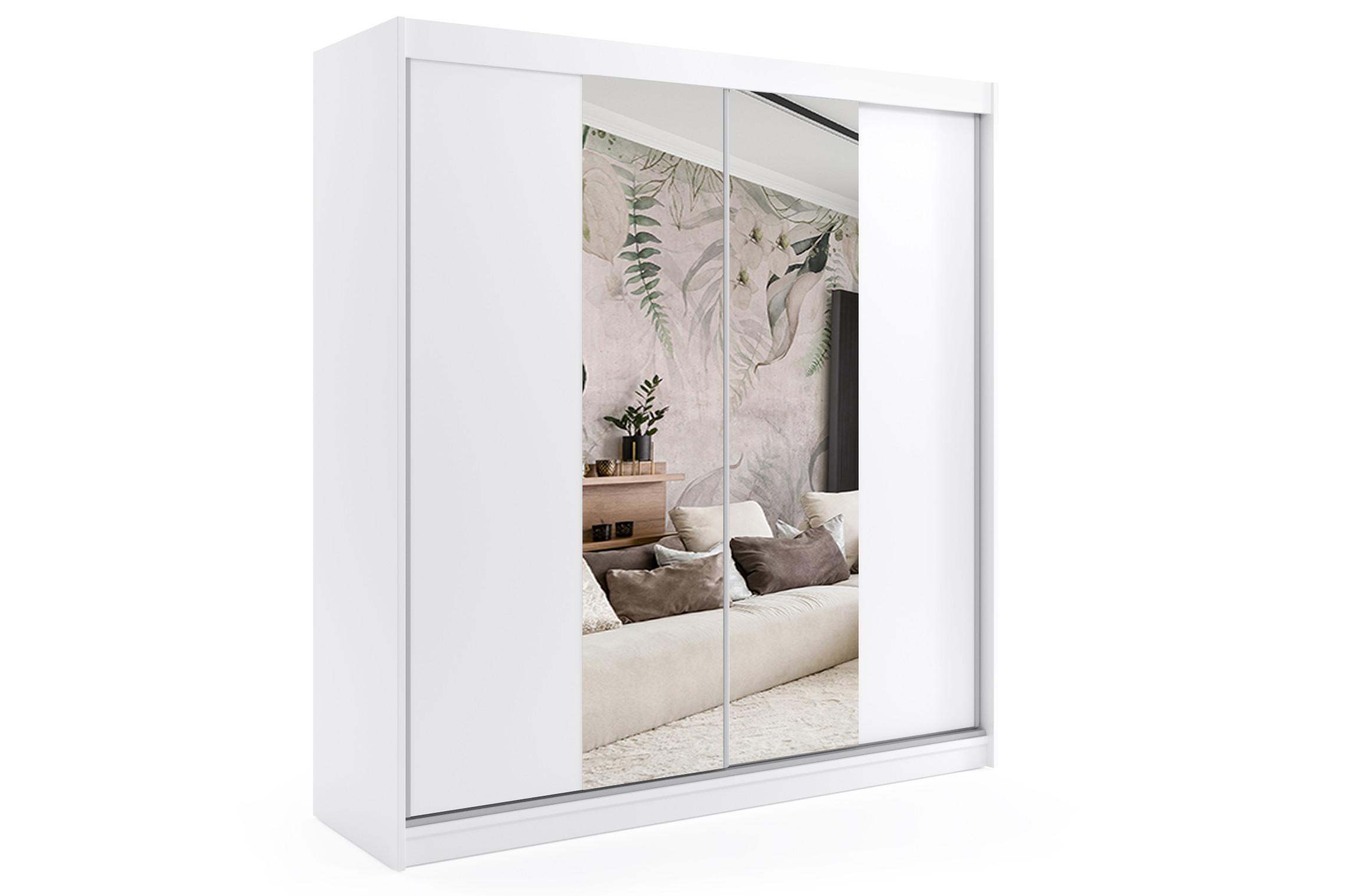 KLEIDERSCHRANK mit Spiegel-Schiebetüren und Aluminium-Leisten - LUZO - 200 cm Weiß - Weiß, Holzwerkstoff (200/216/61cm) - ALTDECOR