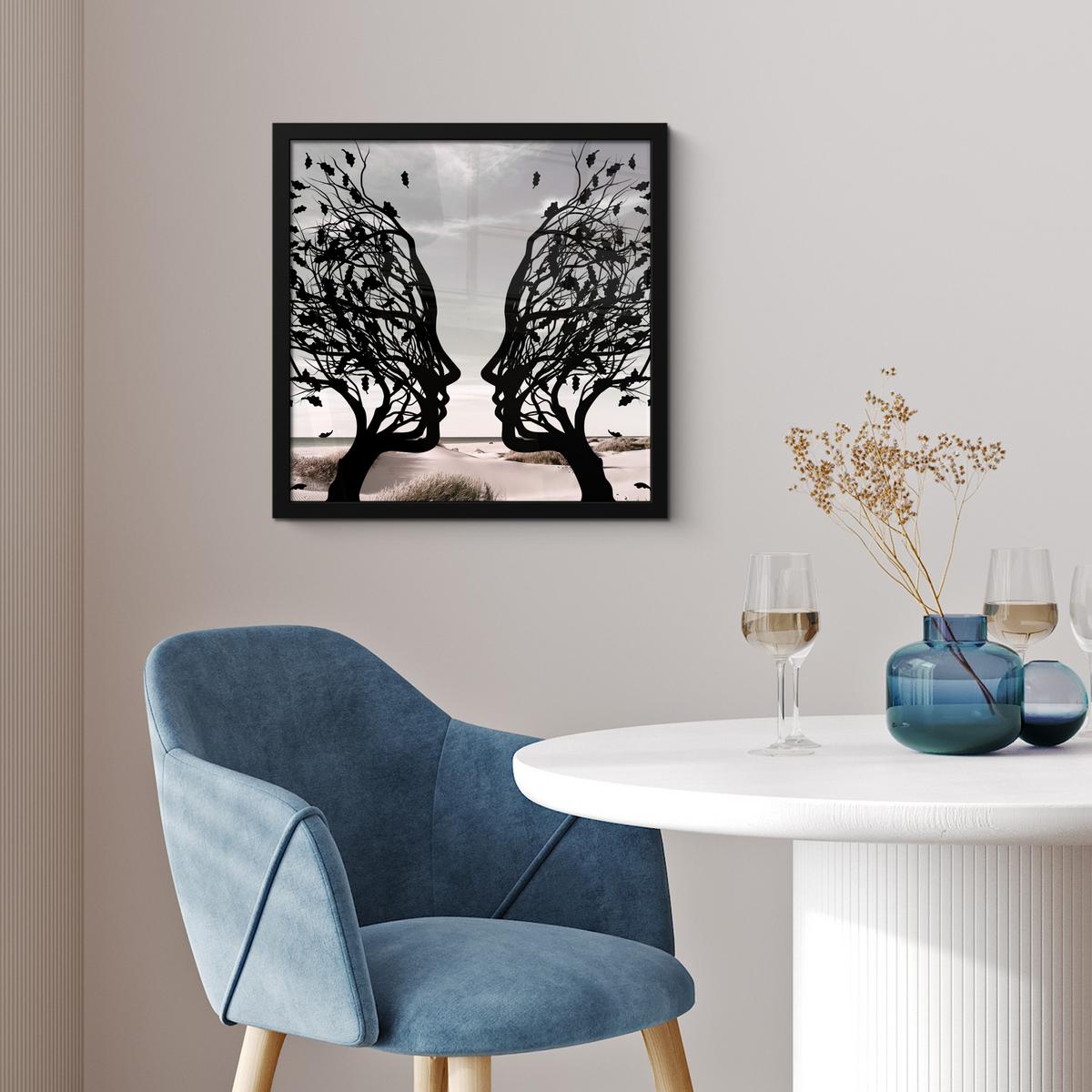 POSTER MIT RAHMENGERAHMTES BILD Strand - Meer - Menschen - Baum - Moderne Kunst 40x40 cm - Hellgrau, Papier (40/40cm) - MuchoWow