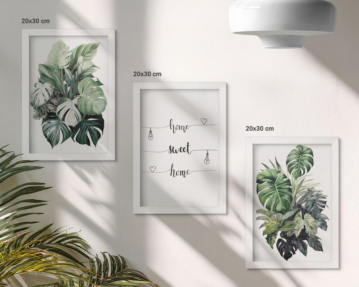 BILDER SET 3er Set - 20x30 cm Weißer Rahmen - Aquarell-Monstera-Blätter - Weiß, Kunststoff (20/30cm) - TULUP