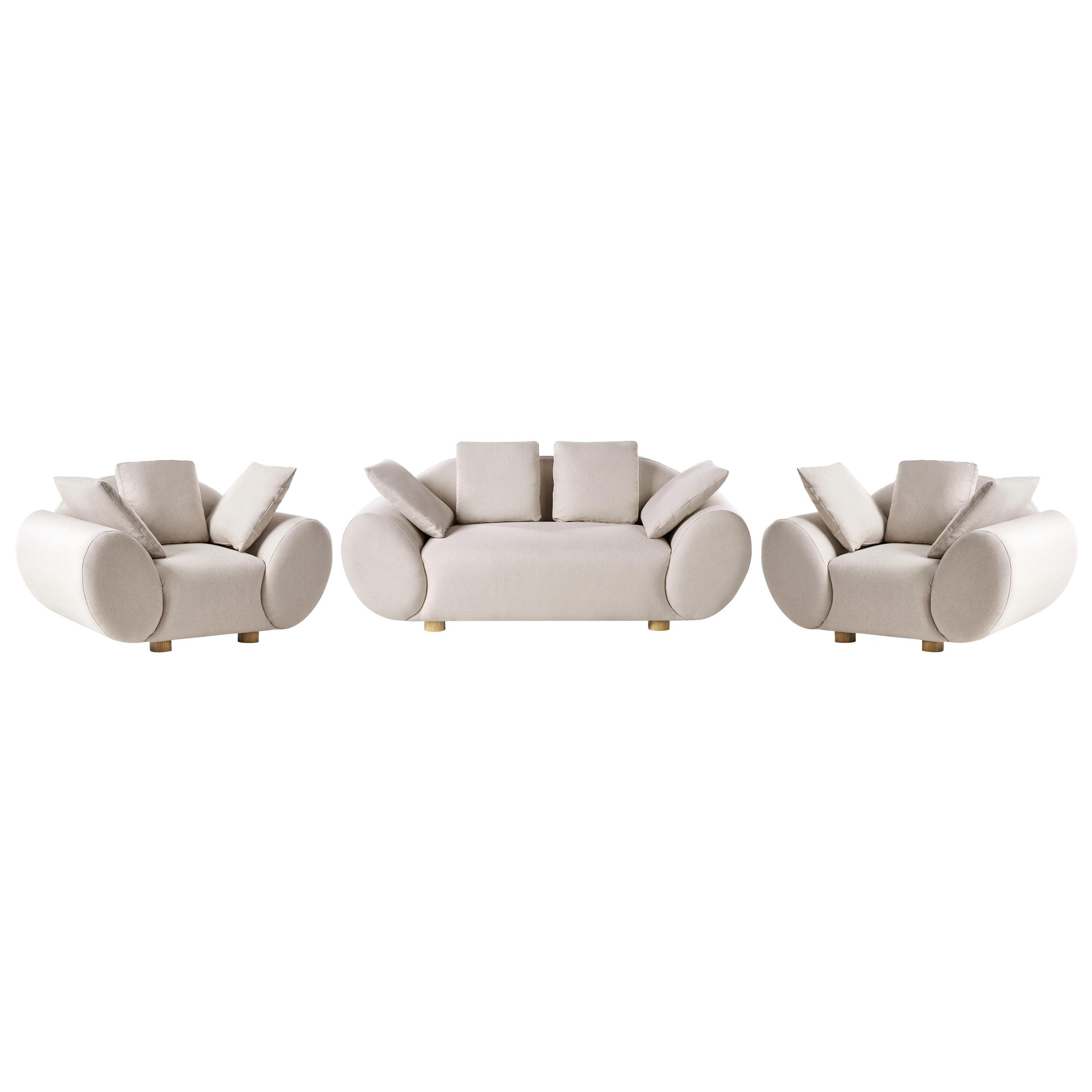 SOFA-SET 4-Sitzer Stoff Hellbeige Ringel - Beige/Braun, Textil (189/75/87cm) - Beliani