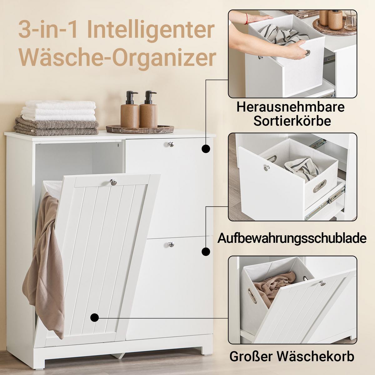 WÄSCHESCHRANK, Badschrank mit 3 Wäschesäcken, 78x38x90cm - Weiß, Holzwerkstoff (78/90/38cm) - SoBuy