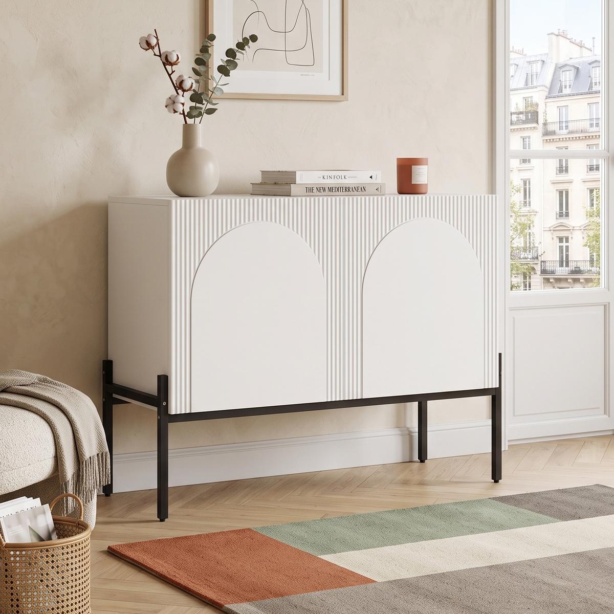 SIDEBOARD 100cm mit Bogendesign, 2 Türen, Metallbeine - Weiß, Holzwerkstoff (100/75/40cm) - Urban Meuble