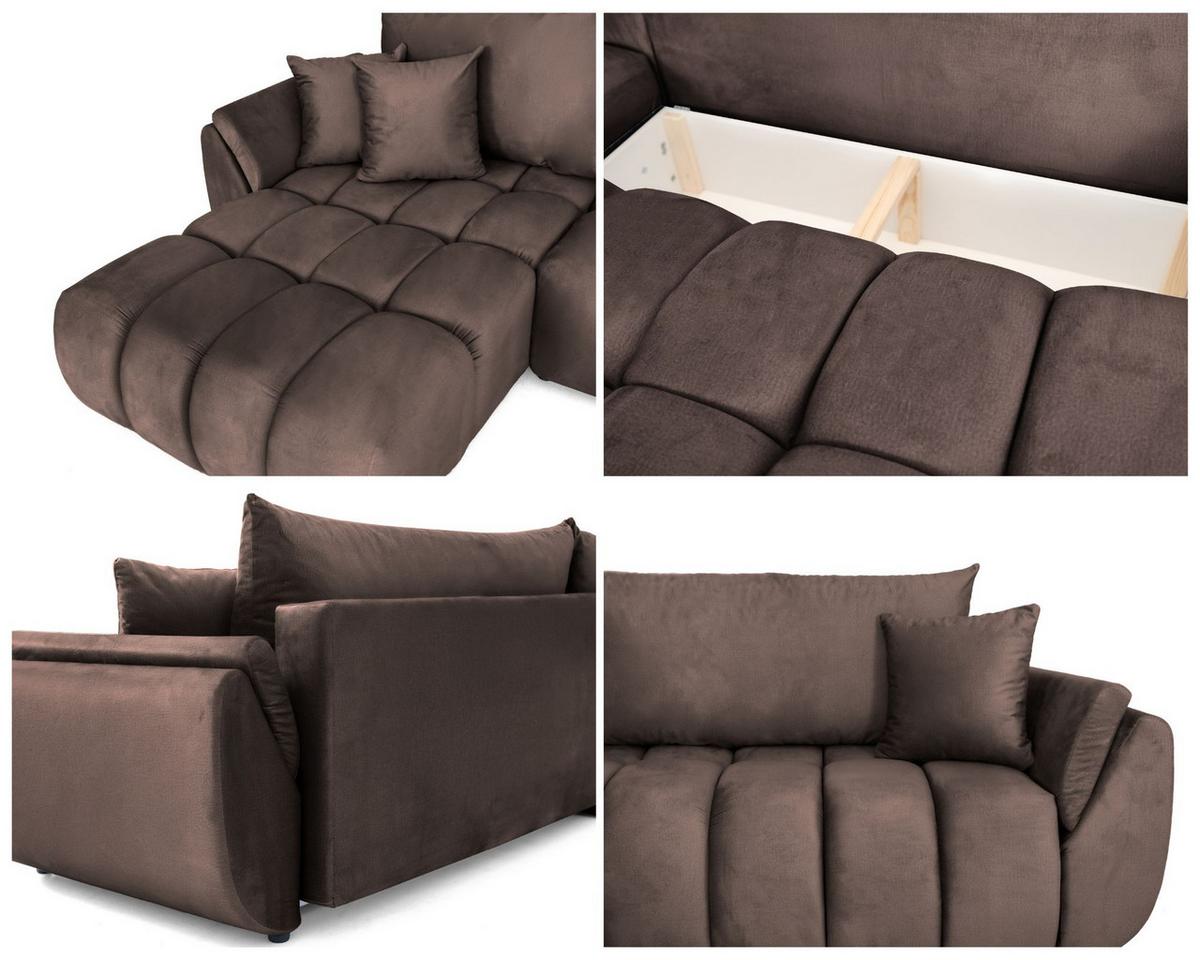 ECKSOFA Iris mit Schlaffunktion und Bettkasten, links oder rechts montierbar – Braun Samt 280/184/85 cm - Schwarz/Braun, Kunststoff/Textil (280/184cm) - WFL GROUP