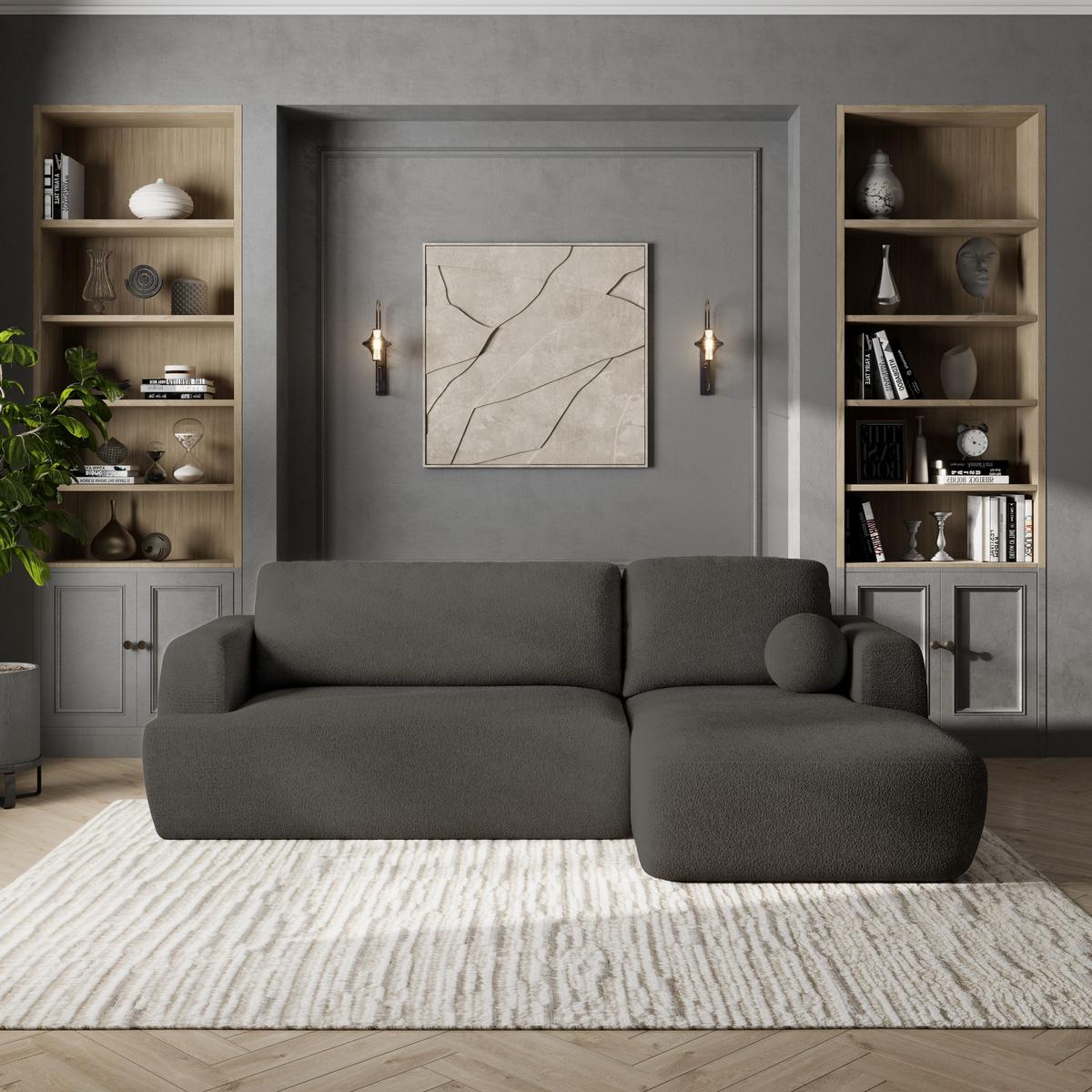 ECKSOFA SENTI N R-S Grau Boucle-Stoff mit Schlaffunktion - Schwarz/Grau, Holz/Kunststoff (246/148cm) - MASSENO