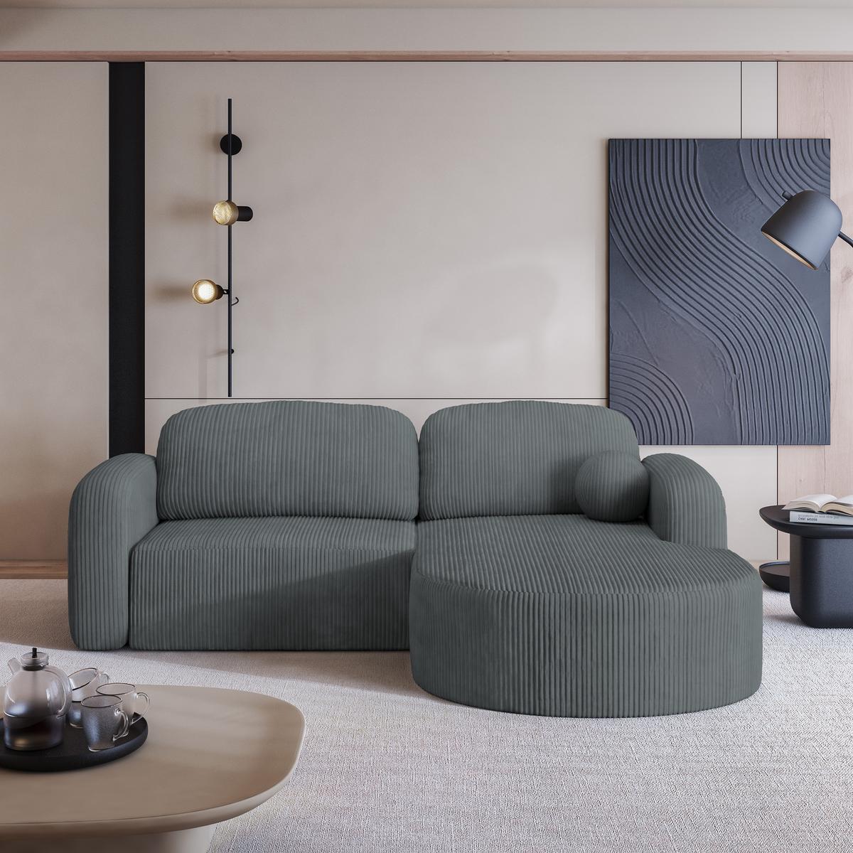 ECKSOFA AMILIA P R-S Grau Kordstoff mit Schlaffunktion - Grau, Holz (263/174cm) - MASSENO