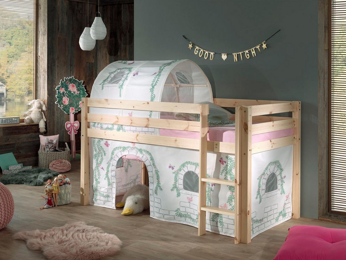 KINDERBETT Karolina 210x114x106 Massivholz Natur Textilset Burg 2 - Hellgrau/Kieferfarben, Holz (90/200cm) - 58aufmkessel