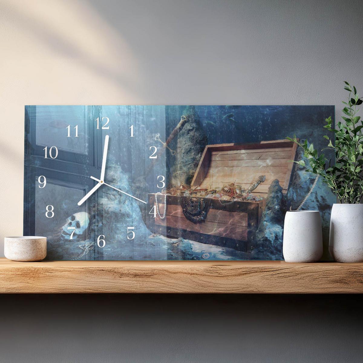 WANDUHR aus Glas 60x30 cm - Unterwasserschätze - Blau, Glas (60/30/0.4cm) - TULUP
