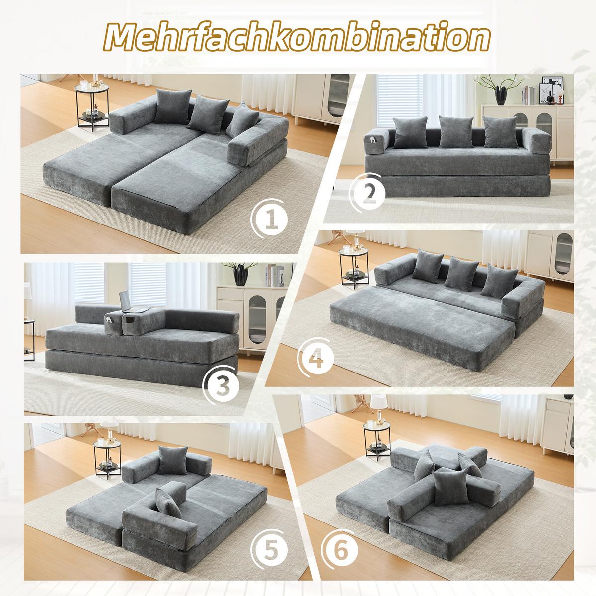 SCHLAFSOFA Modulares Chenille Block-Sofa DIY Kombinierbar mit Seitentaschen & Rutschfest - Dunkelgrau, Textil (198/60/79cm) - Urban Meuble