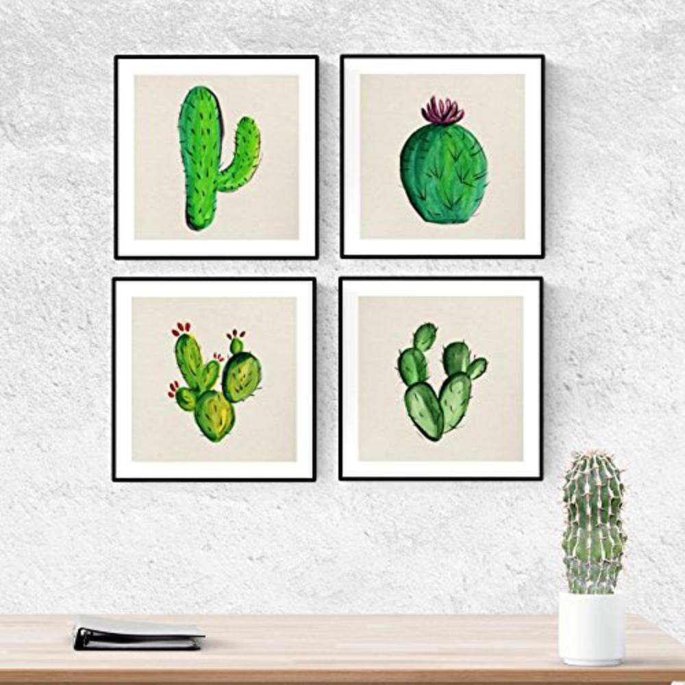 POSTER Set mit 4 Bunte Kaktus 25x25 cm Schwarzer Rahmen - Schwarz, Papier (25/3cm) - Nacnic