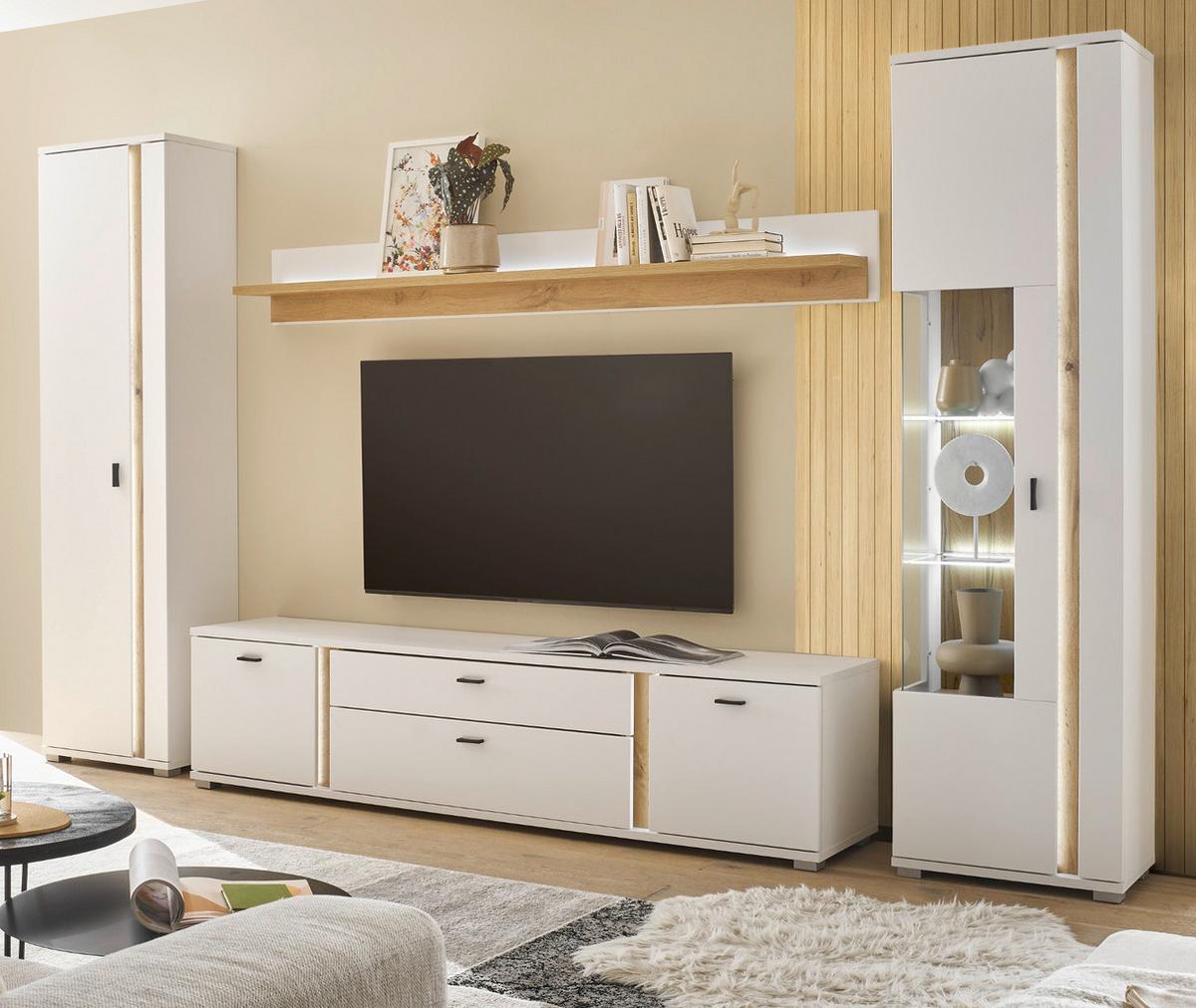 WOHNWAND 4-teilig weiß matt, Eiche Wotan 330 cm, Wohnkombination inklusive Frontbeleuchtung - Eiche Wotan/Silberfarben, Glas/Holzwerkstoff (330/200/42cm) - Furn.Design