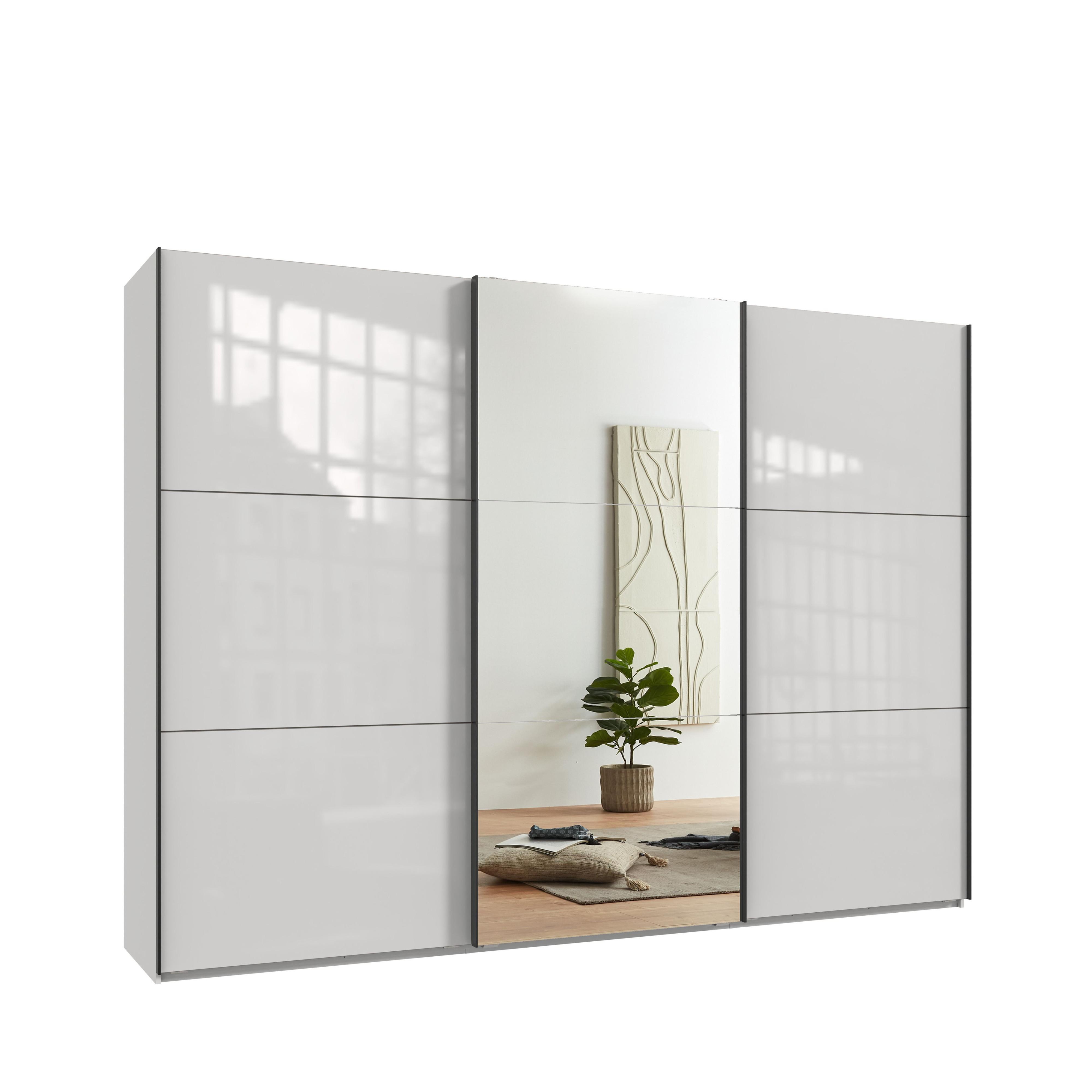 SCHWEBETÜRENSCHRANK 3-türig B300/H216/T65 cm in Weiß mit Glasfront, eine Spiegeltür, Kleiderschrank inkl. Vollausstattung / 22039 - Eichefarben/Weiß, Holzwerkstoff/Metall (300/216/65cm) - luma-home