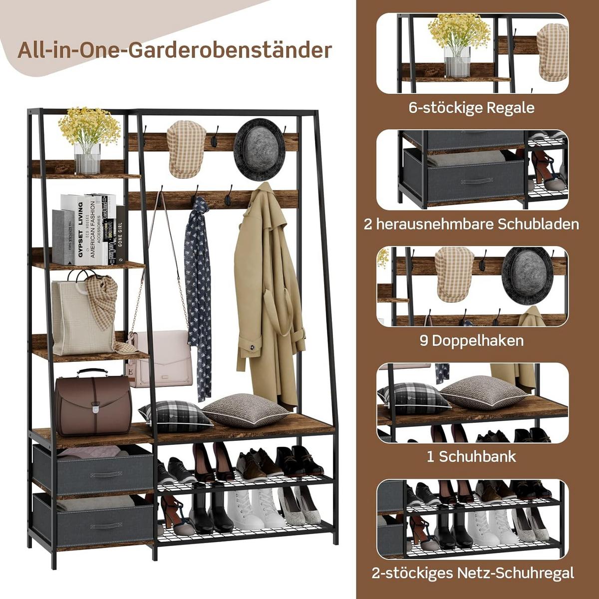 GARDEROBENSTÄNDER 180cm Braun - Braun, Holz (122/180/40cm) - COSTWAY