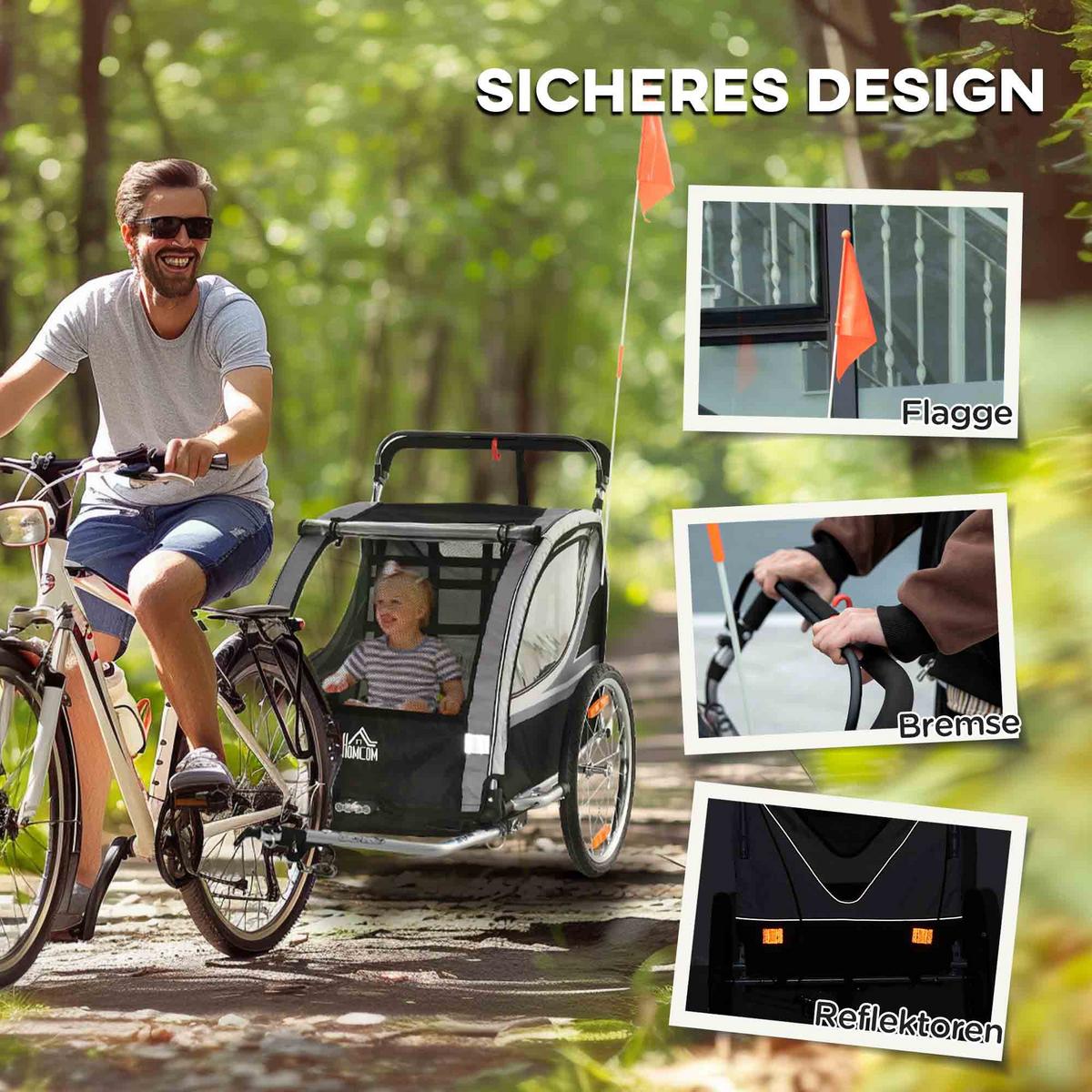 KINDERFAHRRADANHÄNGER, Stahl, Polyester, Grau+Schwarz - Grau, Kunststoff (75/101/142cm) - HOMCOM