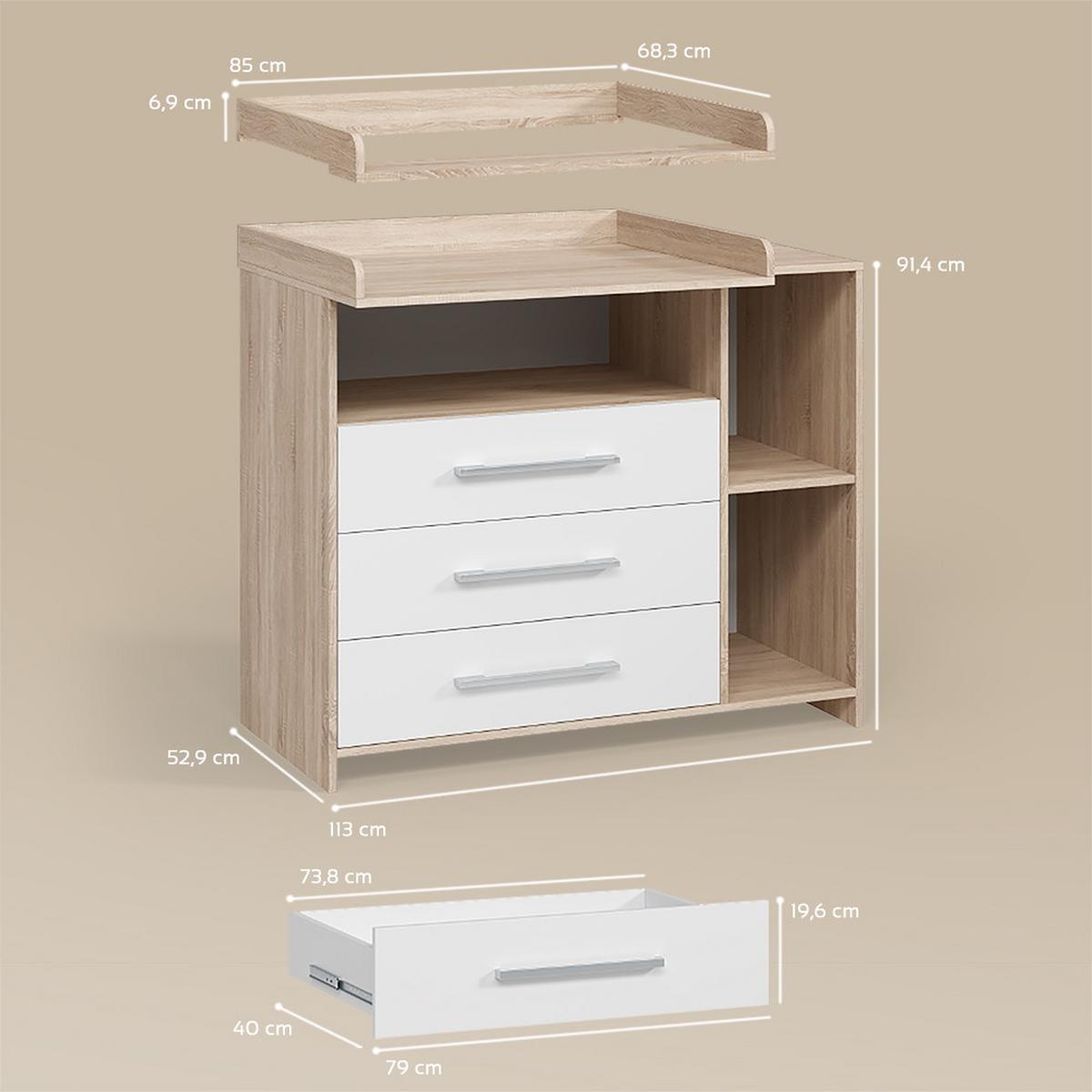 WICKELKOMMODE Torino Weiß/Sonoma mit Schubladen - Weiß/Sonoma Eiche, Holzwerkstoff (113/100/53cm) - Livinity®