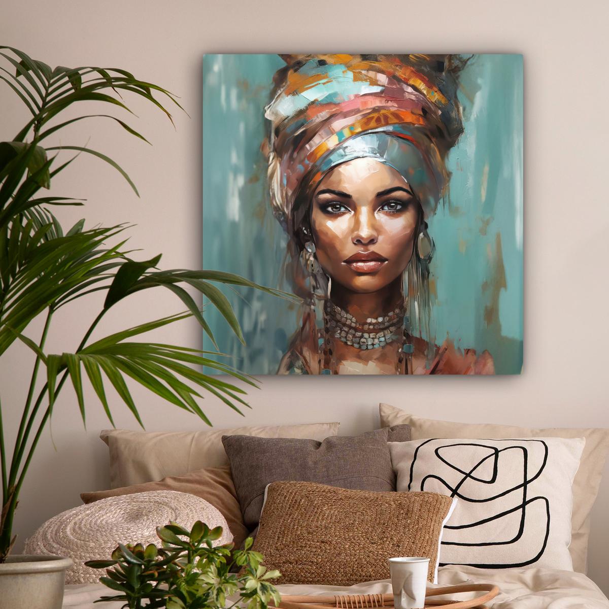 LEINWANDBILD Frau - Kunst - Schmuck - Porträt Deko Groß 90x90 cm - Blaugrau, Textil (90/90cm) - MuchoWow