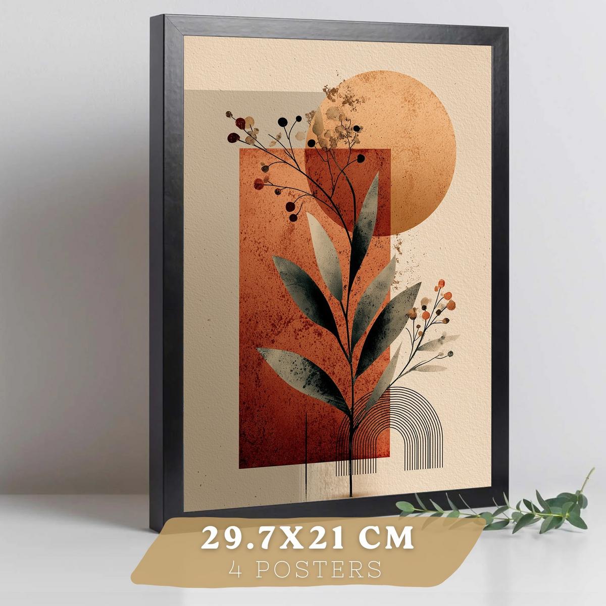 POSTER 4er Kunstdruck-Set Wandbilder Blumen Abstrakt Rot Orange modern Wohnzimmer Deko, Schlafzimmer, Küche, Badezimmer Rahmenlos A3 - Schwarz, Papier (29.7/1/42cm) - Nacnic