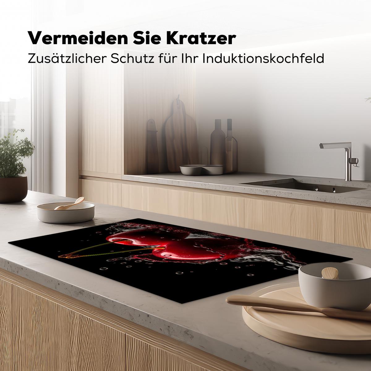 HERDABDECKPLATTE Kirsche - Rot - Frucht - Wasser - Schwarz Induktionsschutz 89.6x51.6 cm - Kirschrot, Kunststoff (89.6/51.6/0.2cm) - MuchoWow