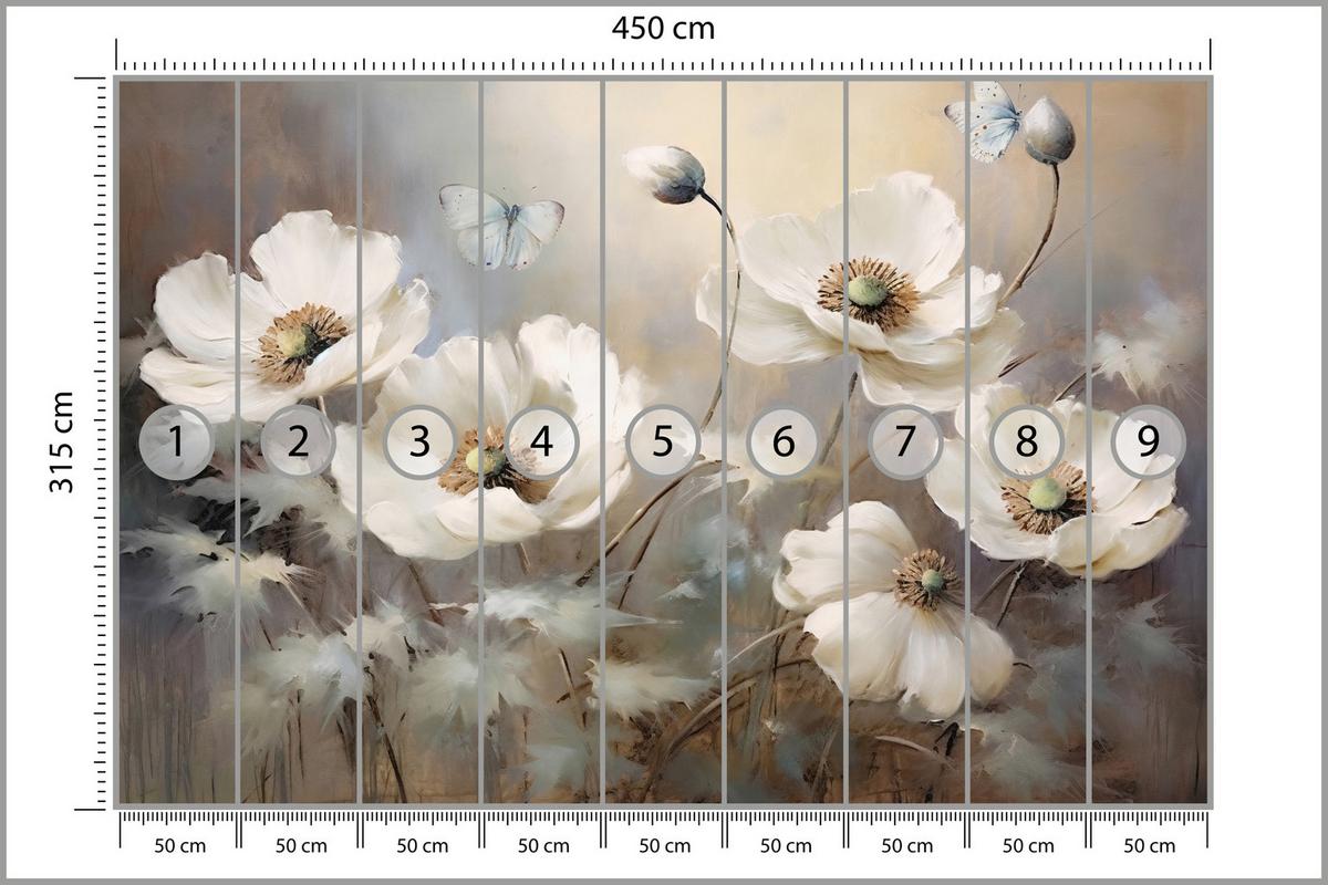 FOTOTAPETE für Schlafzimmer Abstrakte Weiße Mohnblumen Schmetterlinge Aquarell 450x315 - Beige/Braun, Papier (450/315cm) - Muralo